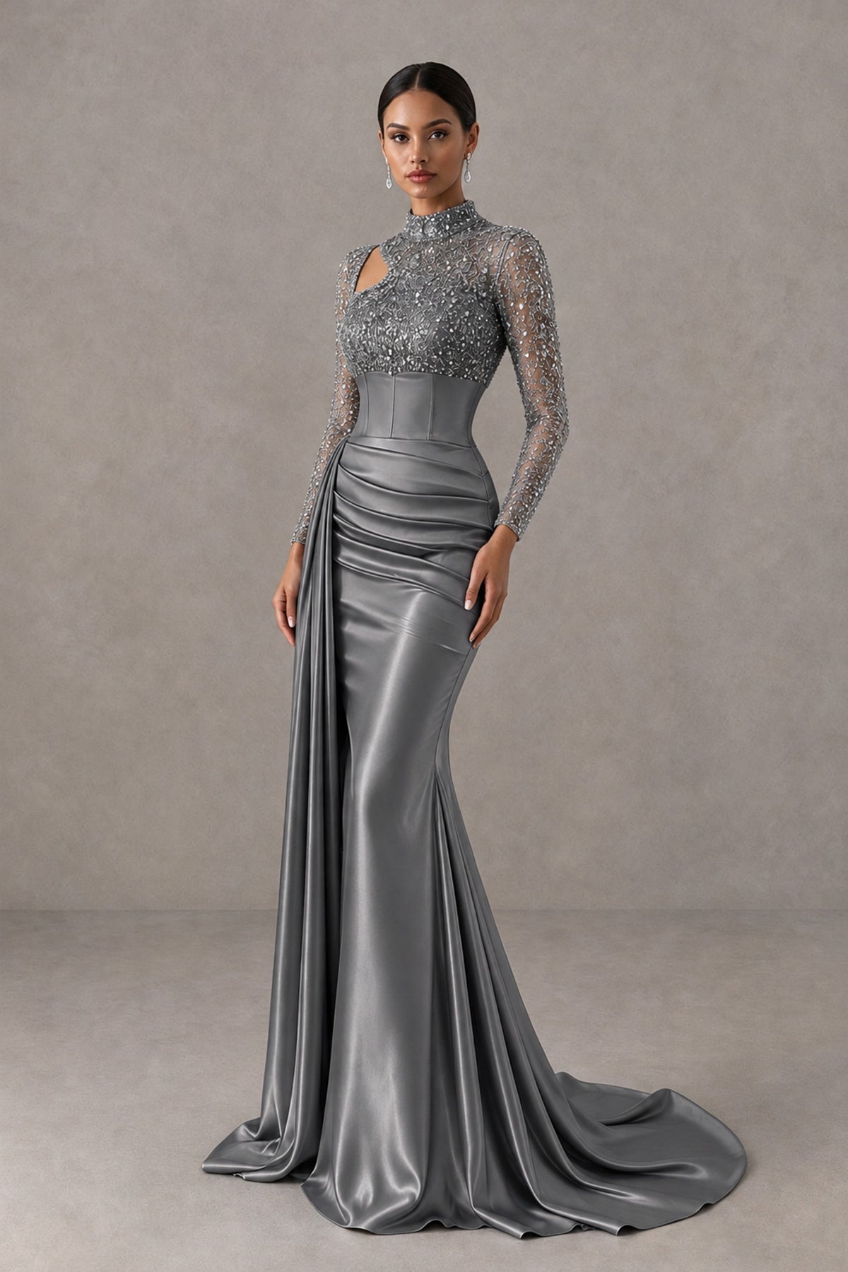 BOLODOO Grey Long Sleeve Embellished Satin Mermaid Evening Gown - Grey - Grey_3