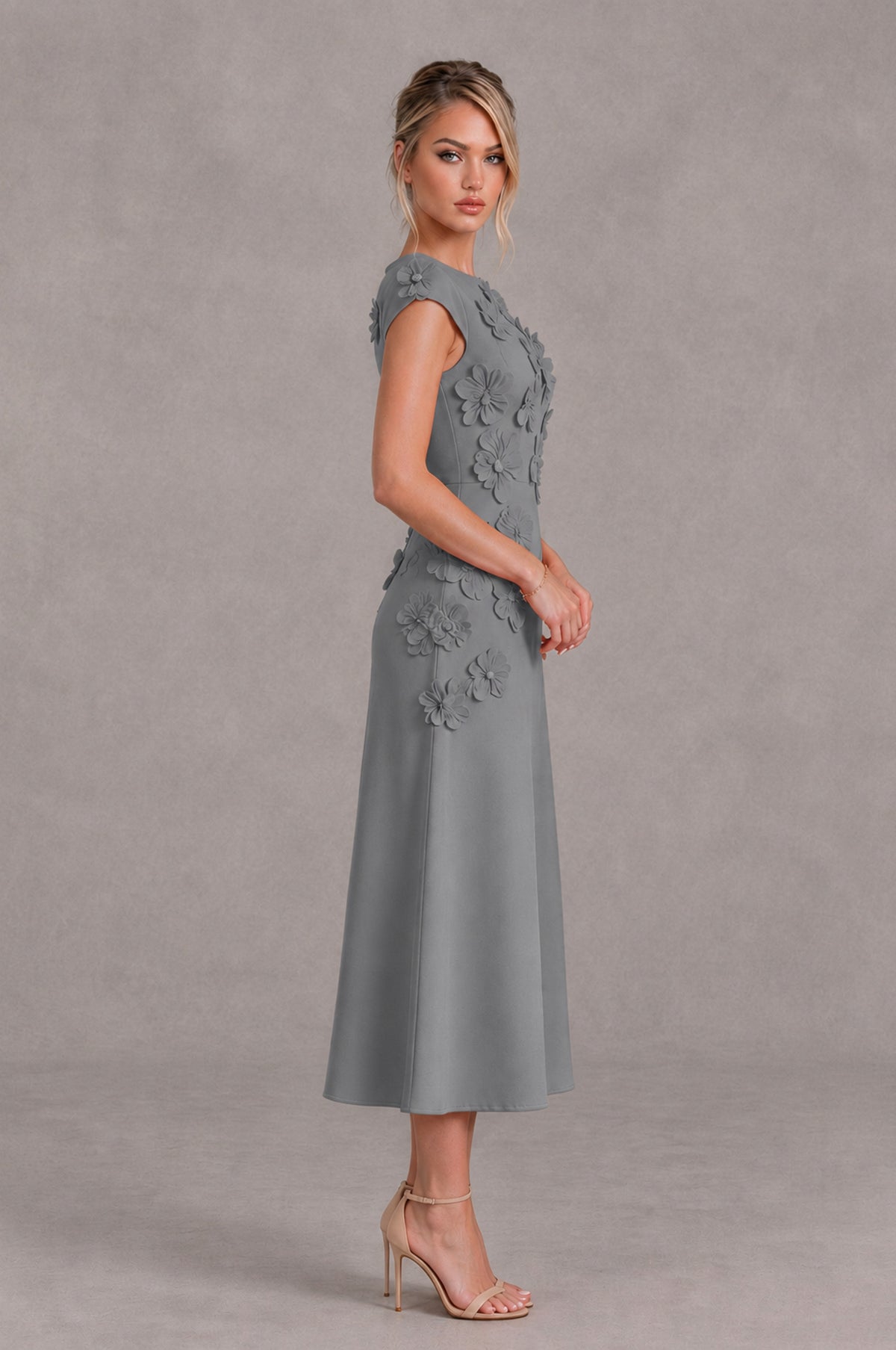 BOLODOO Grey 3D Floral Cap Sleeve Midi Cocktail Dress - Grey - Grey_3