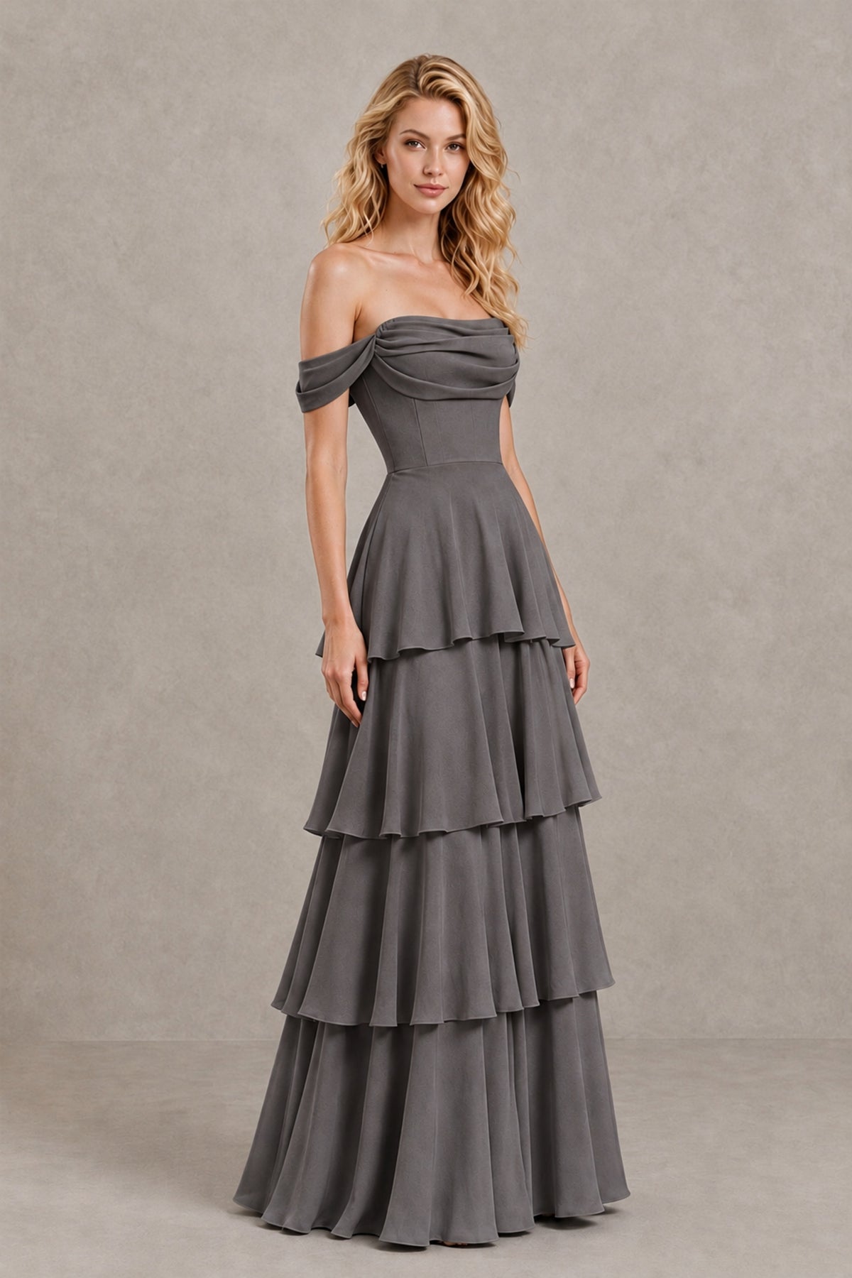 BOLODOO Grey Off-the-Shoulder Tiered A-Line Evening Bridesmaid Dress - Grey - Grey_3