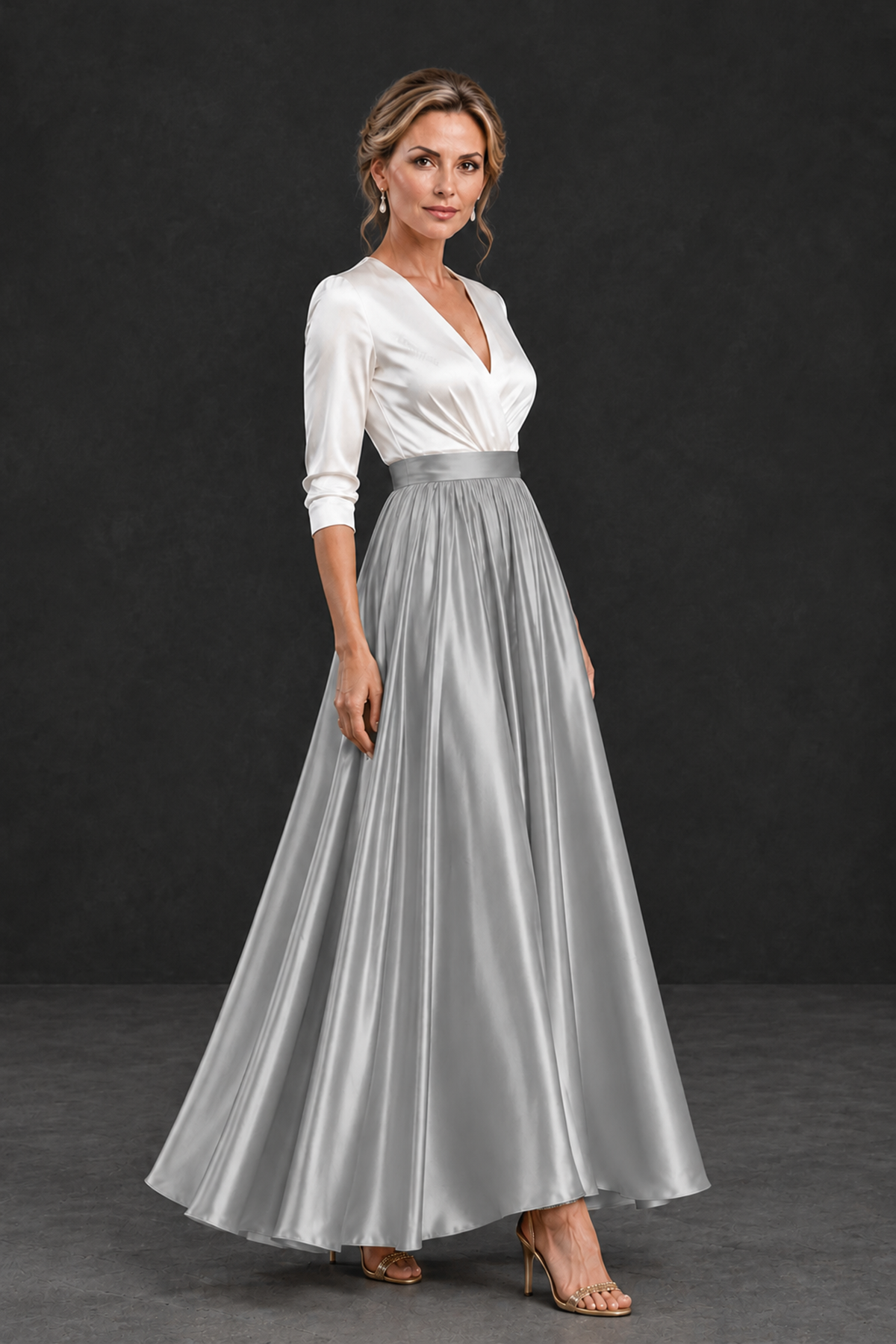BOLODOO Grey and White V-Neck A-Line Mother of the Bride Dress - Grey - Grey_3