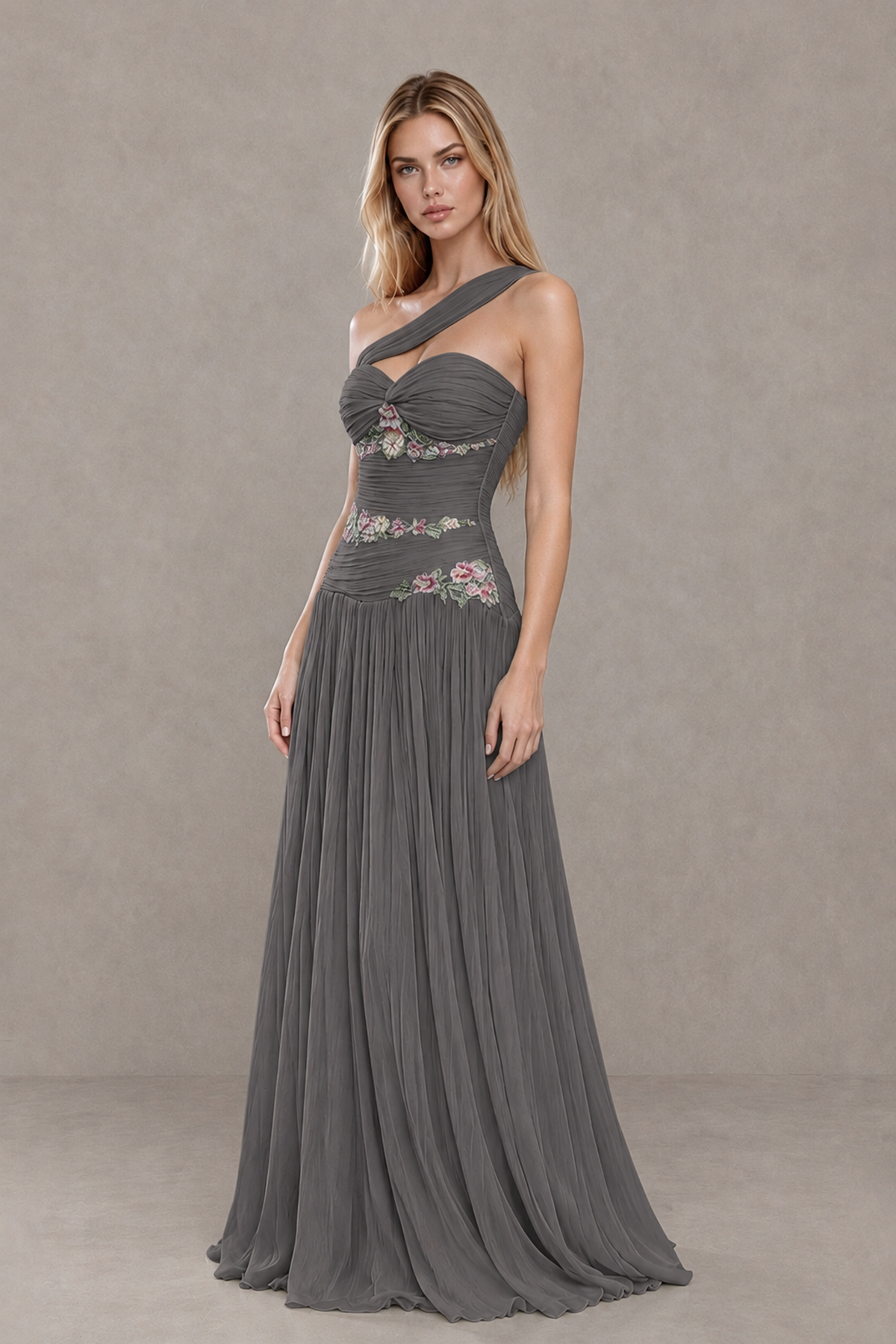 BOLODOO Grey One-Shoulder Floral Applique A-Line Evening Dress - Grey - Grey_3