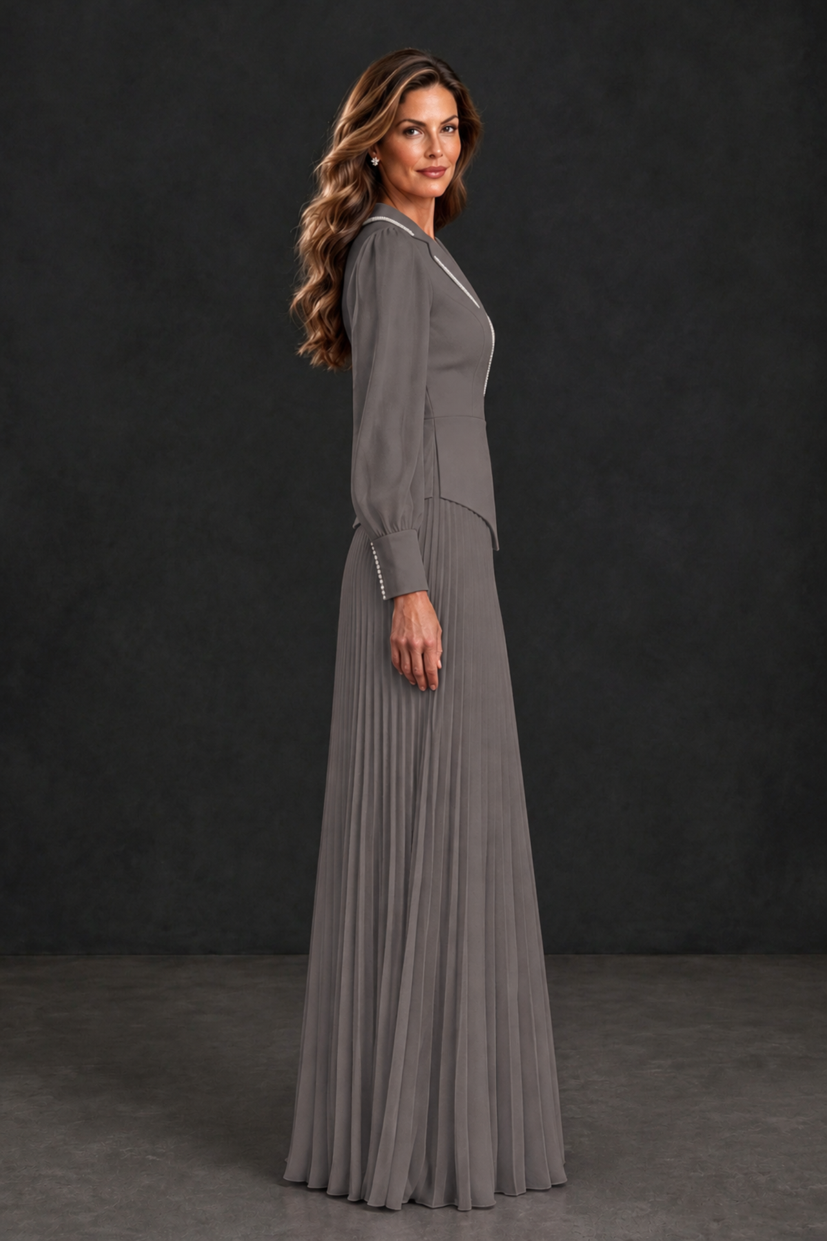 BOLODOO Grey Long Sleeve Pleated Mother of the Bride Dress - Grey - Grey_3