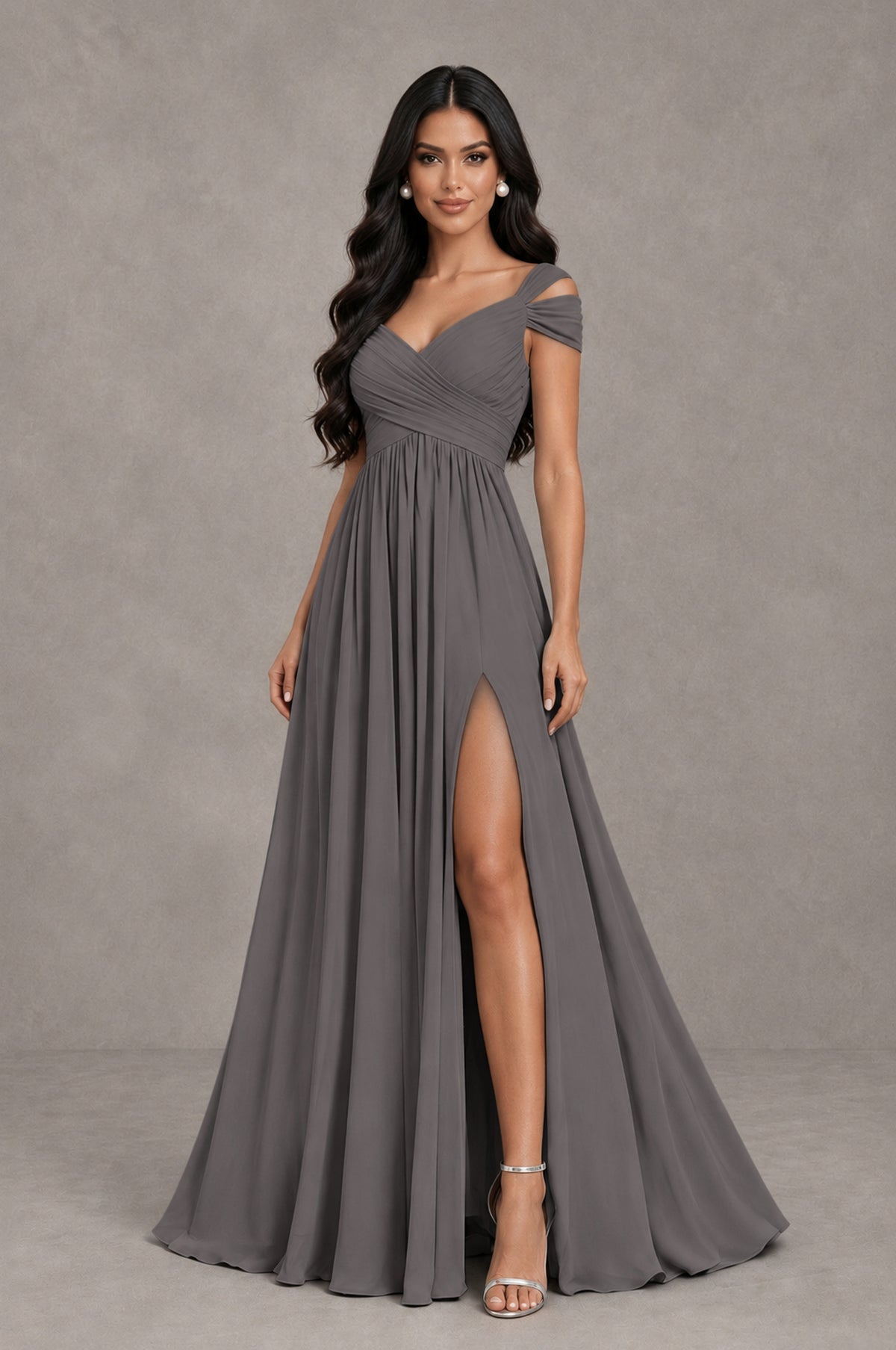 BOLODOO Grey Cold Shoulder Chiffon Evening Dress with V Neck and High Slit - Grey - Grey_3