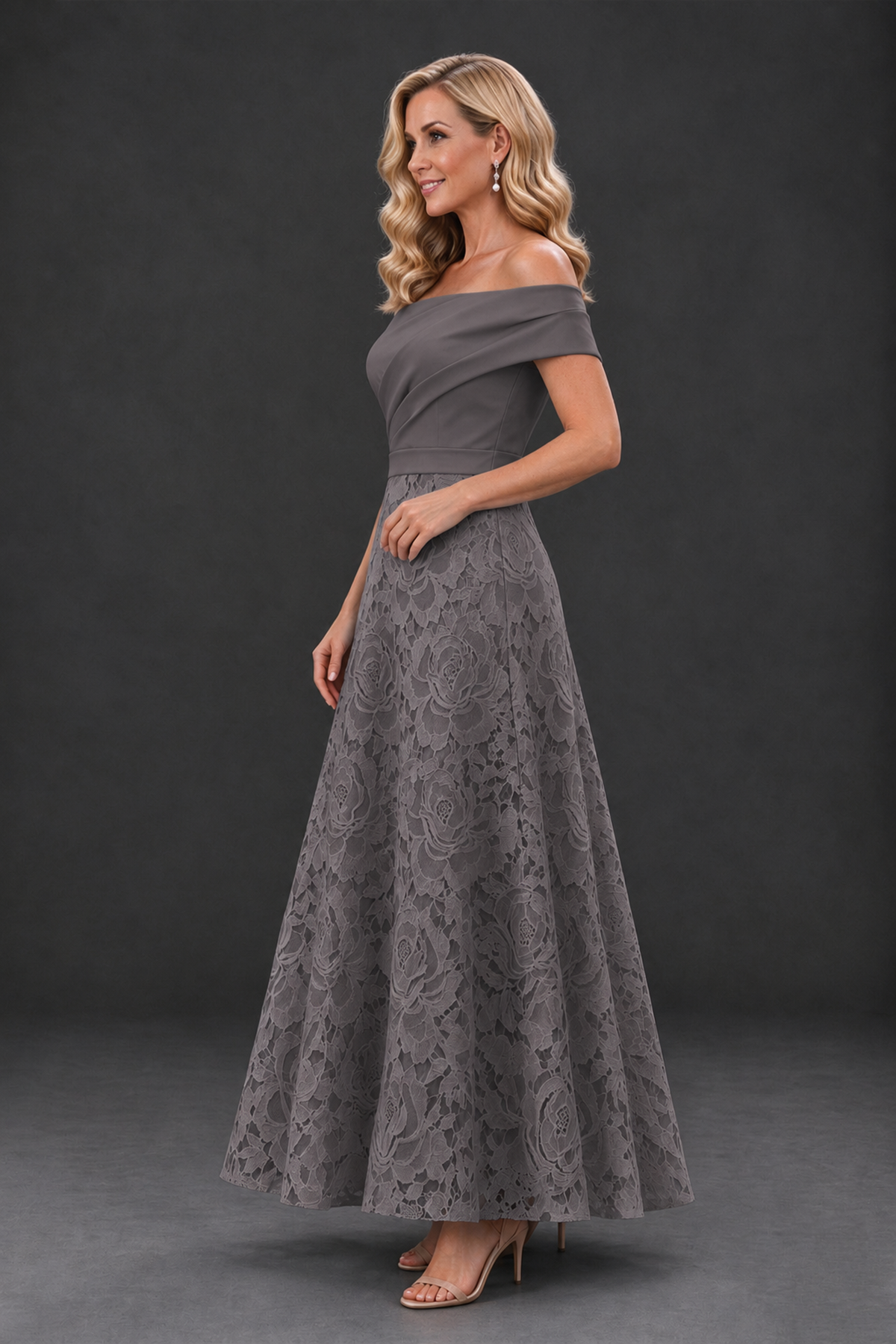 BOLODOO Grey Off-the-Shoulder Floral A-Line Mother of the Bride Dress - Grey - Grey_3