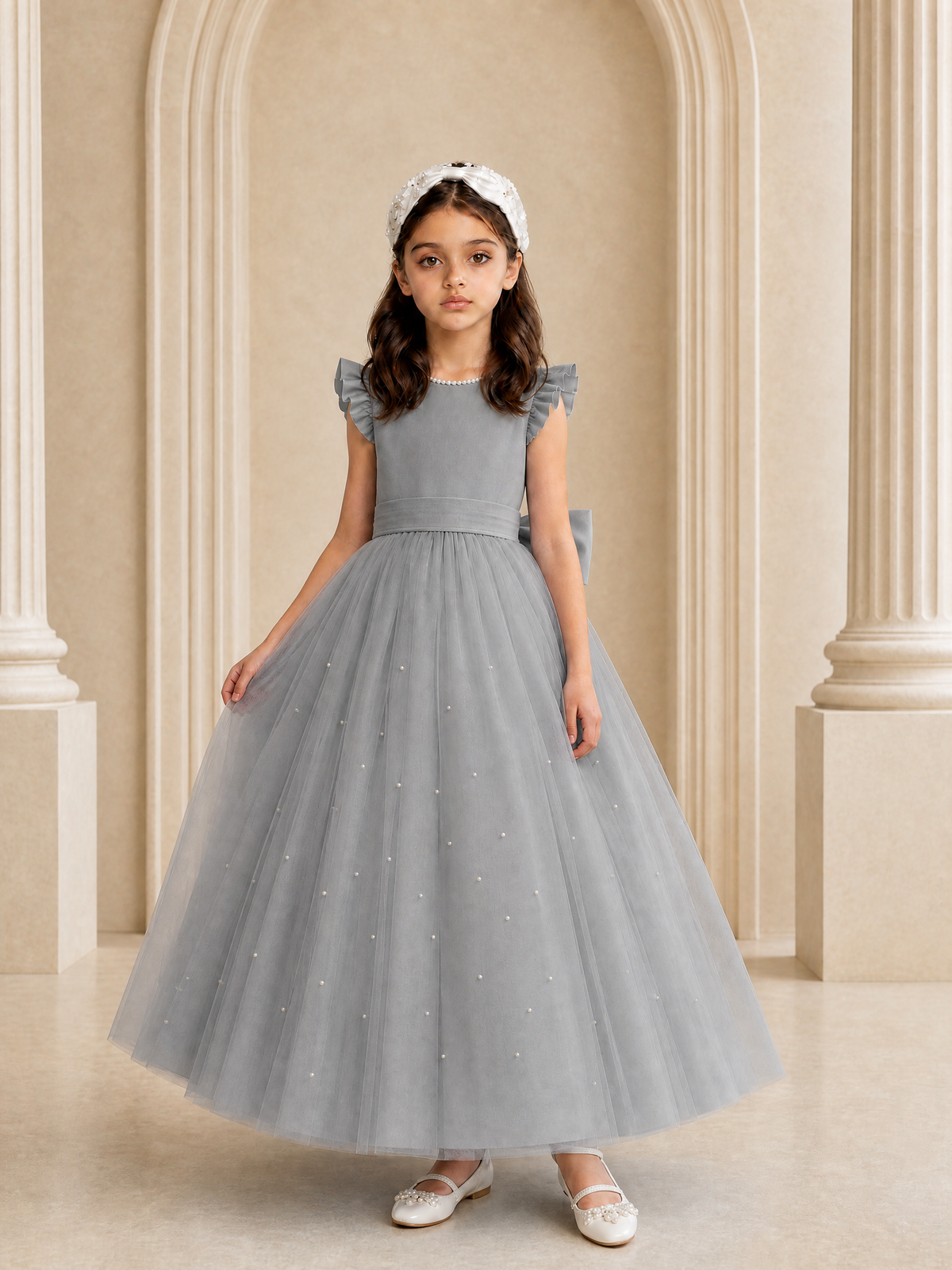 BOLODOO Grey Tulle Flower Girl Dress with Ruffle Sleeves & Bow Back - Grey - Grey_3
