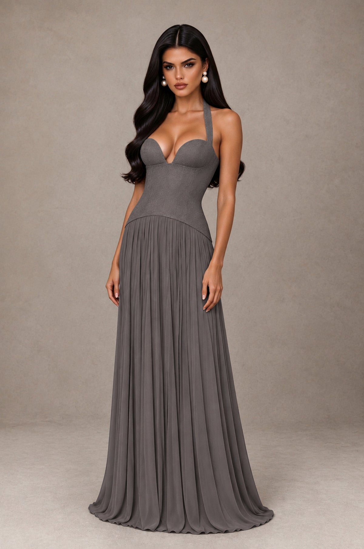 BOLODOO Grey Halter Corset Pleated A-Line Evening Dress - Grey - Grey_3