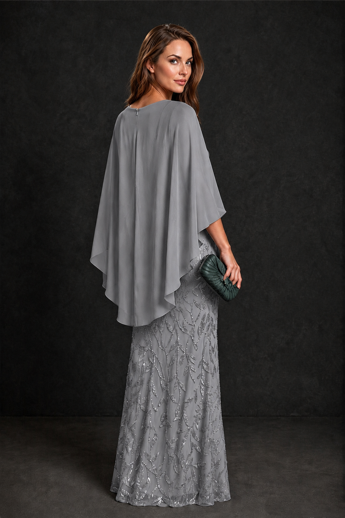BOLODOO Grey Round Neck Chiffon Cape Overlay Sequin Lace Mermaid Maxi Dress - Grey - Grey_3