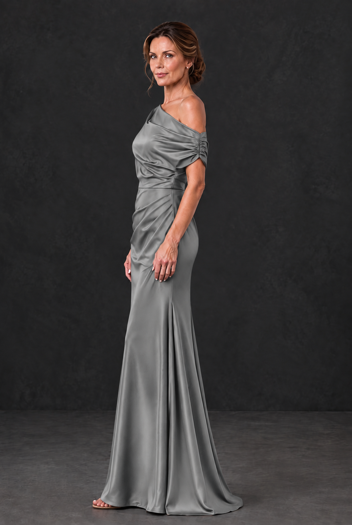 BOLODOO Grey Asymmetric Ruched Mother of the Bride Dress - Grey - Grey_3
