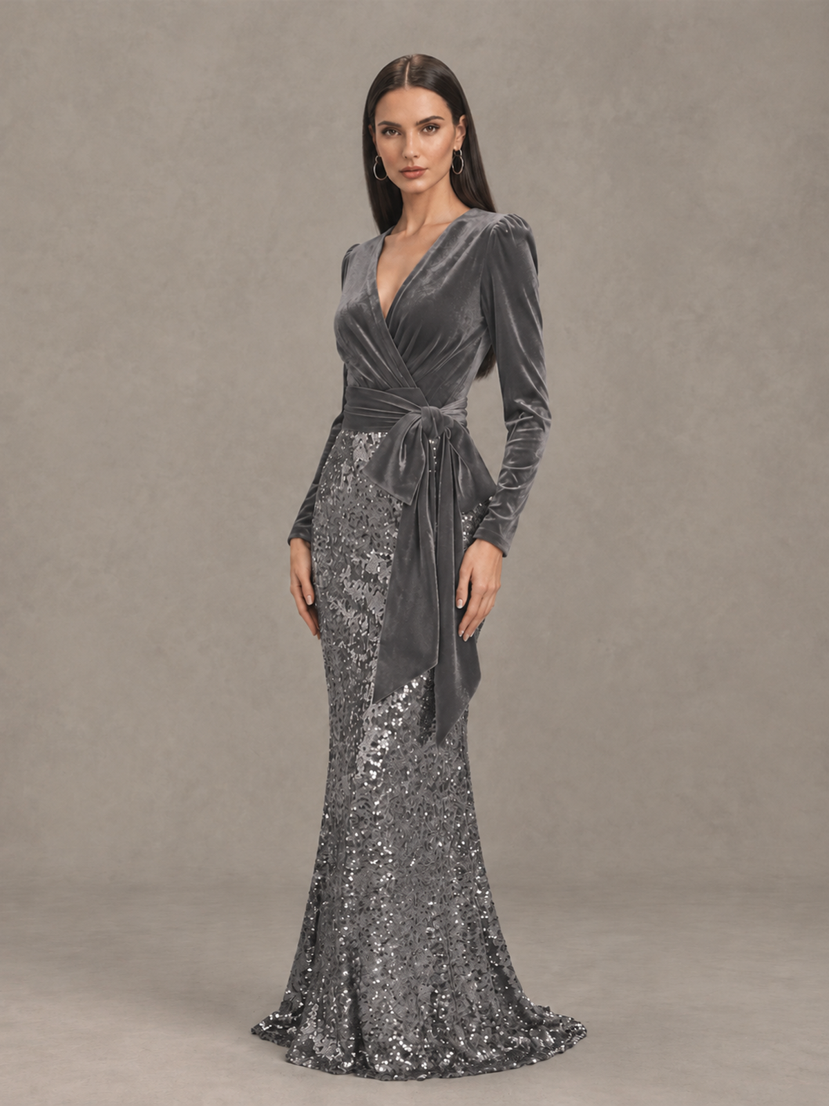 BOLODOO Grey Velvet & Sequin Long Sleeve V-Neck Mermaid Evening Gown - Grey - Grey_3