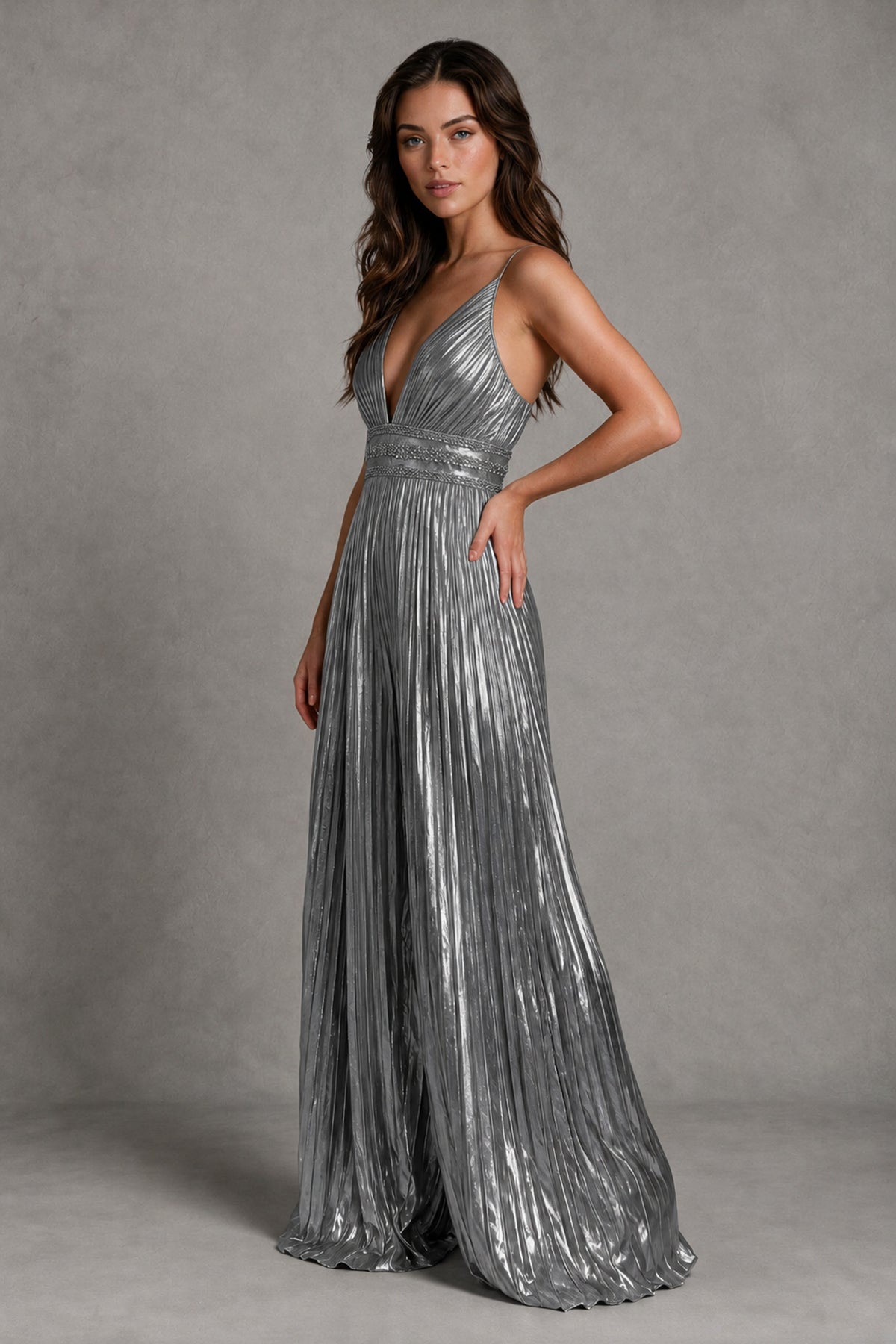 BOLODOO Grey Pleated Wide-Leg Jumpsuit with Open Back - Grey