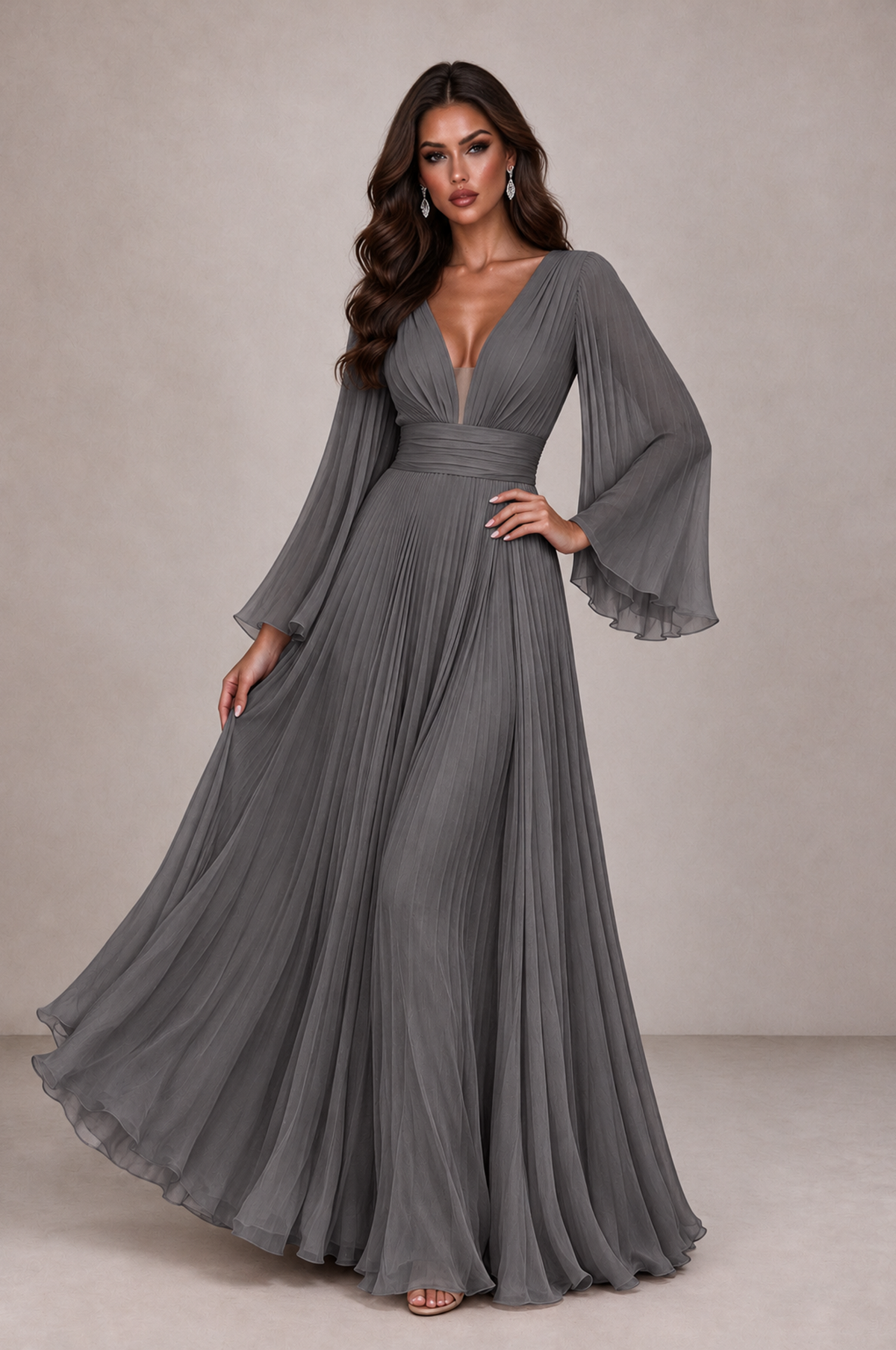 BOLODOO Grey Pleated Deep V-Neck Long Bell Sleeve Evening Dress - Grey - Grey_3