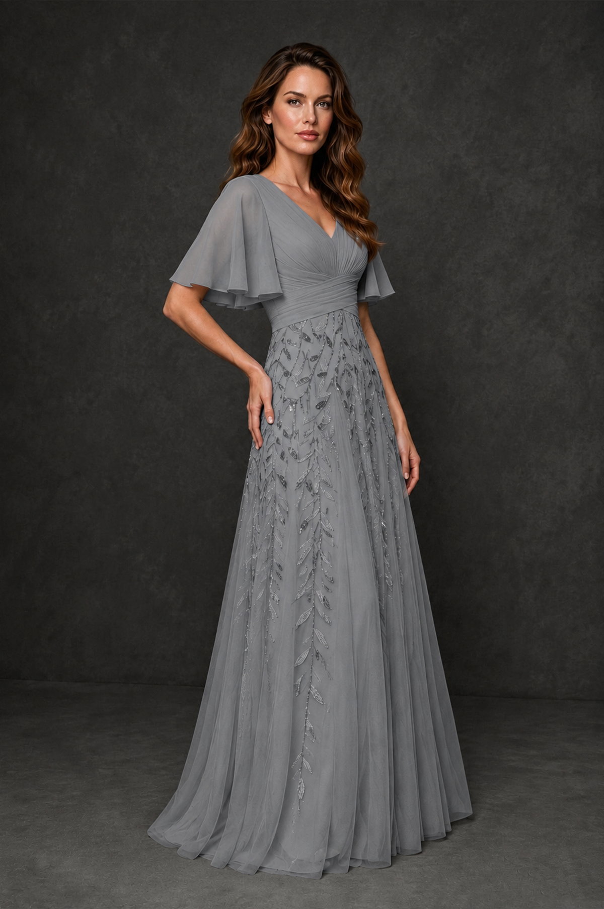 BOLODOO Grey V-Neck Flutter Sleeve Beaded Botanical Tulle A-Line Gown | Mother of the Bride Evening Dress - Grey - Grey_3