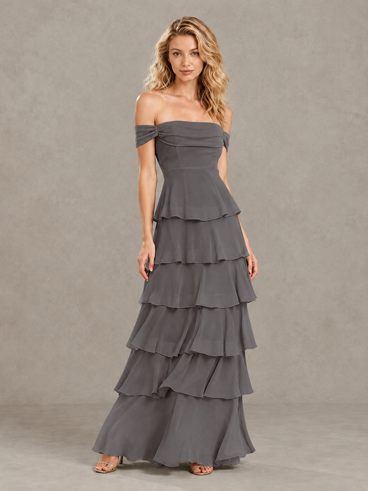 BOLODOO Grey Off-Shoulder Tiered Ruffle Bridesmaid Dress with Lace-Up Back - Grey - Grey_3