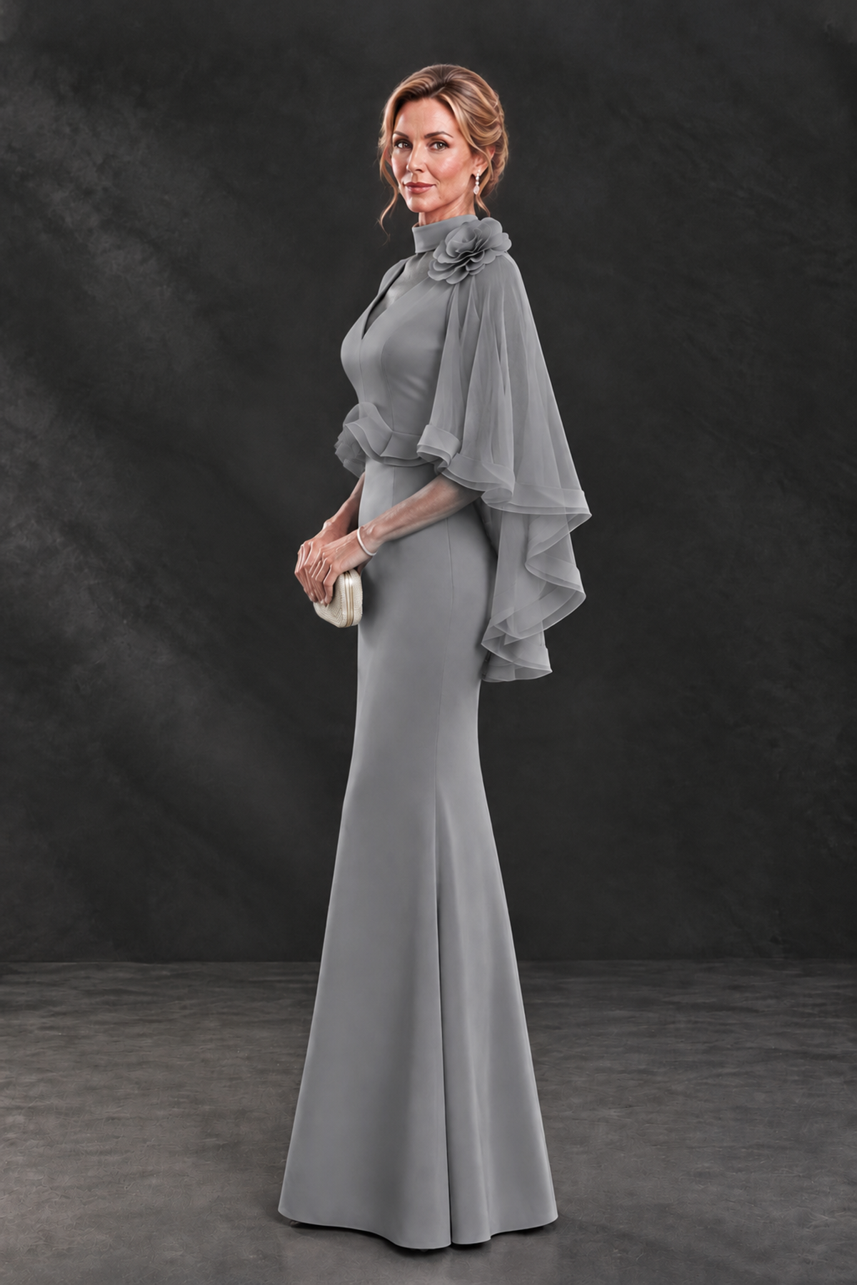 BOLODOO Grey Floral Cape Sleeve Mother of the Bride Dress - Grey - Grey_3