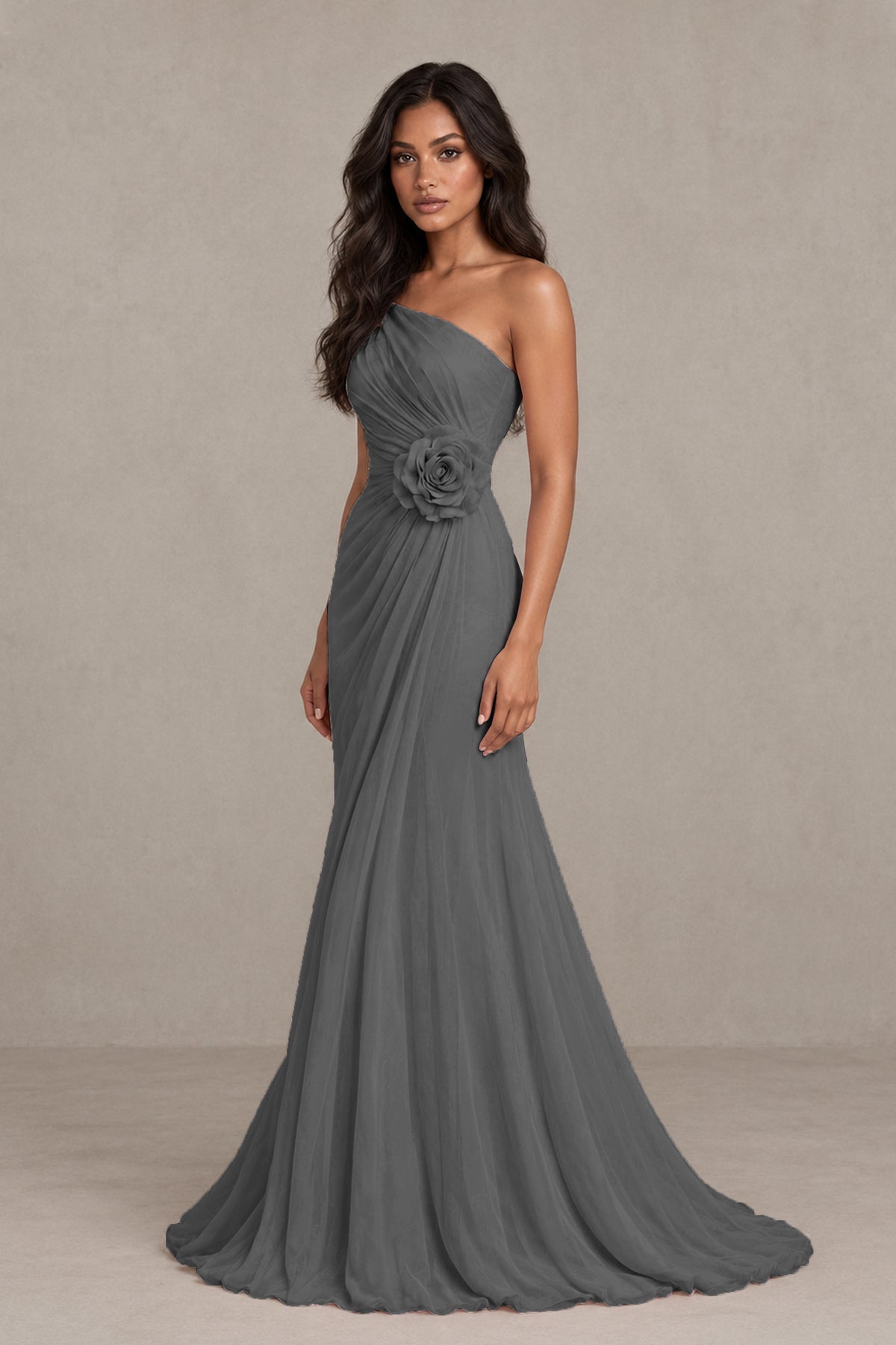 BOLODOO Grey One-Shoulder Floral Ruched Maxi Dress - Grey