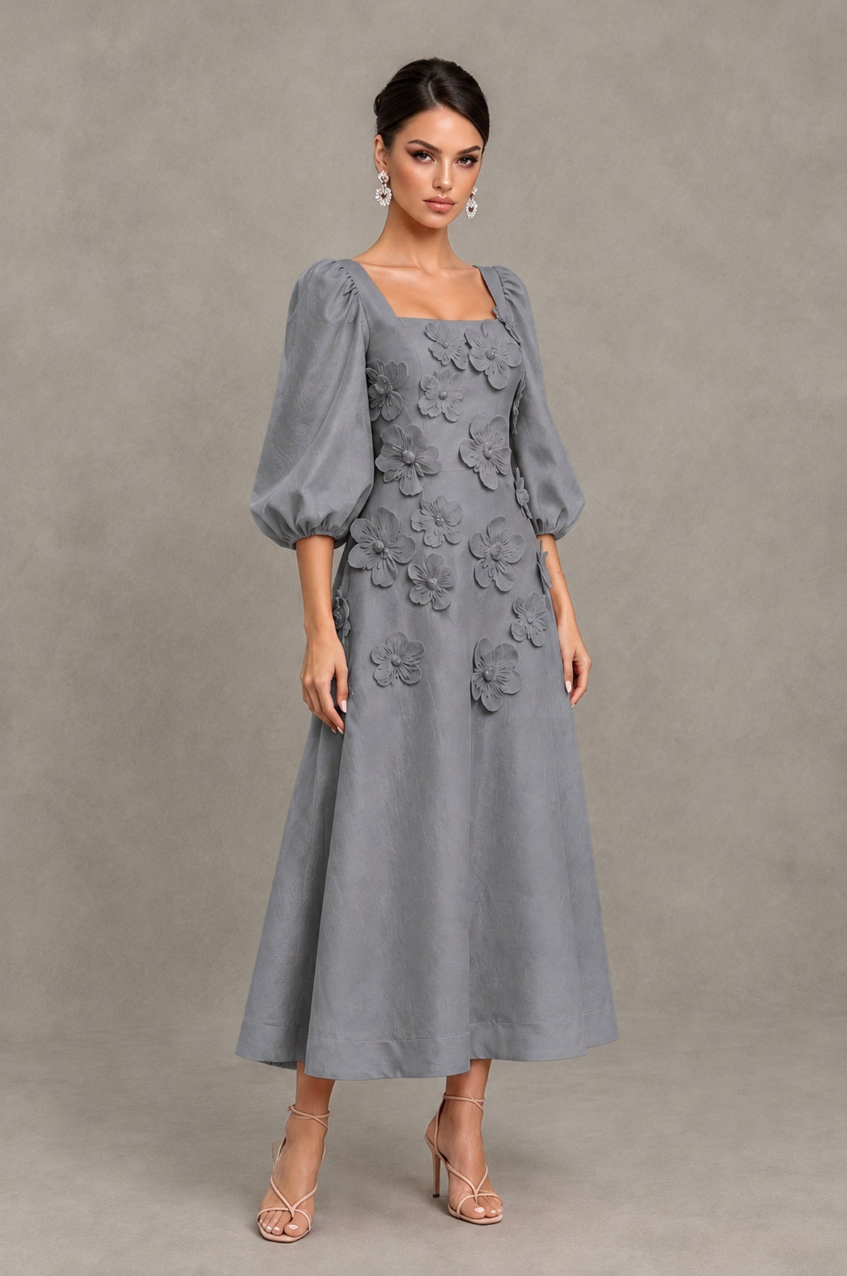 BOLODOO Grey 3D Floral Puff Sleeve Midi Cocktail Dress - Grey - Grey_3