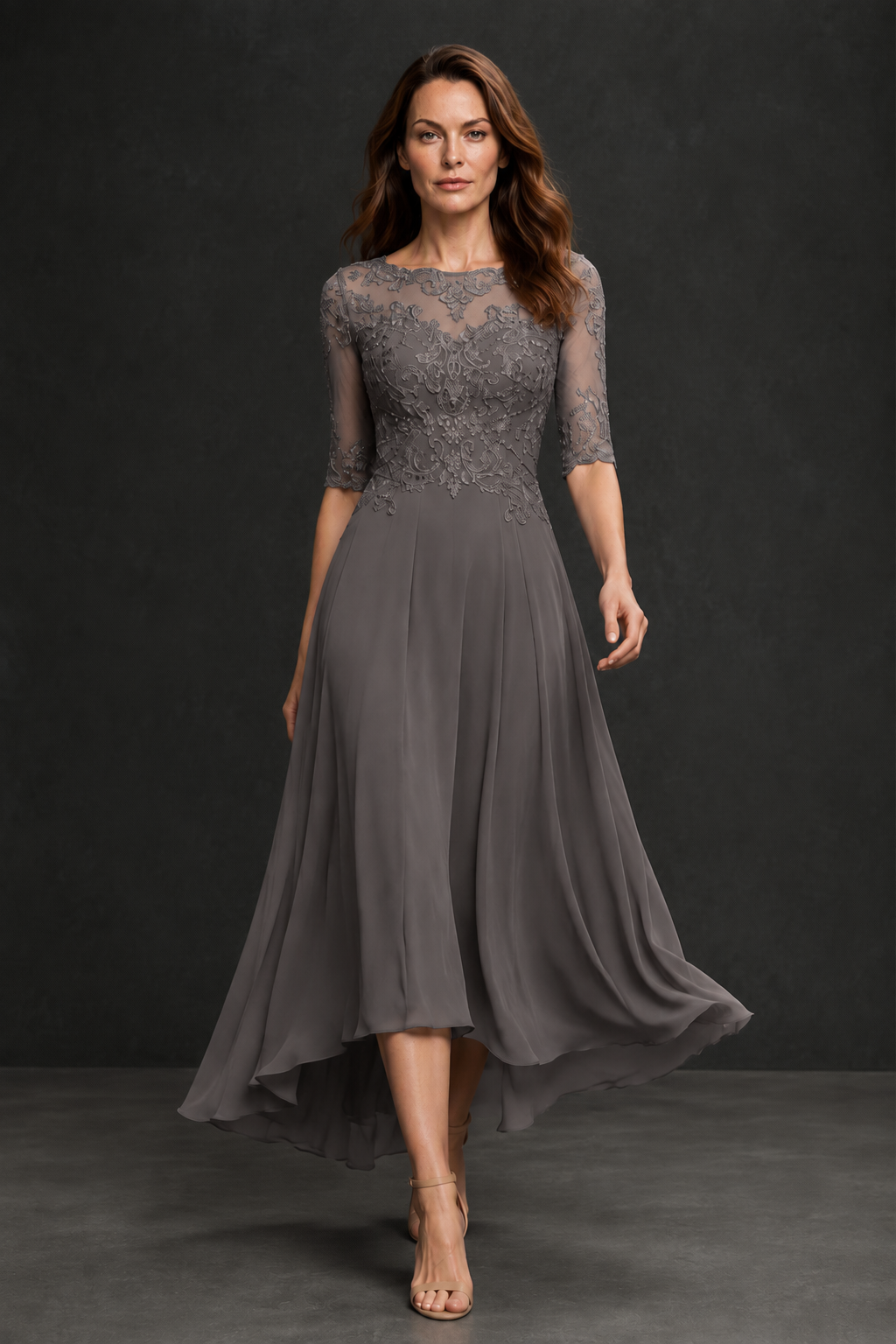 BOLODOO Grey Illusion Lace 3/4 Sleeve Hi-Lo Chiffon A-Line Dress | Mother of the Bride Tea Length Dress - Grey