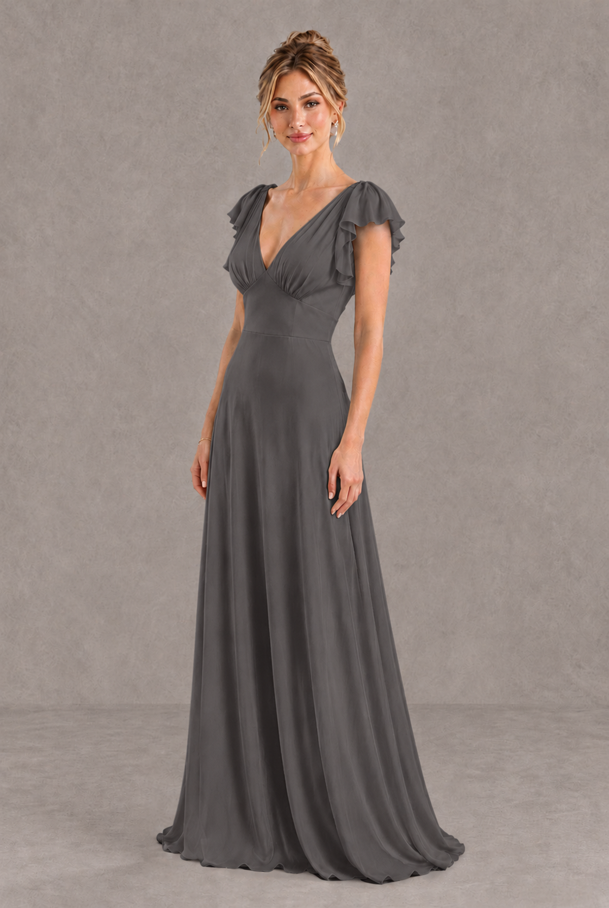 BOLODOO Grey V-Neck Flutter Sleeve A-Line Bridesmaid Dress - Grey - Grey_3