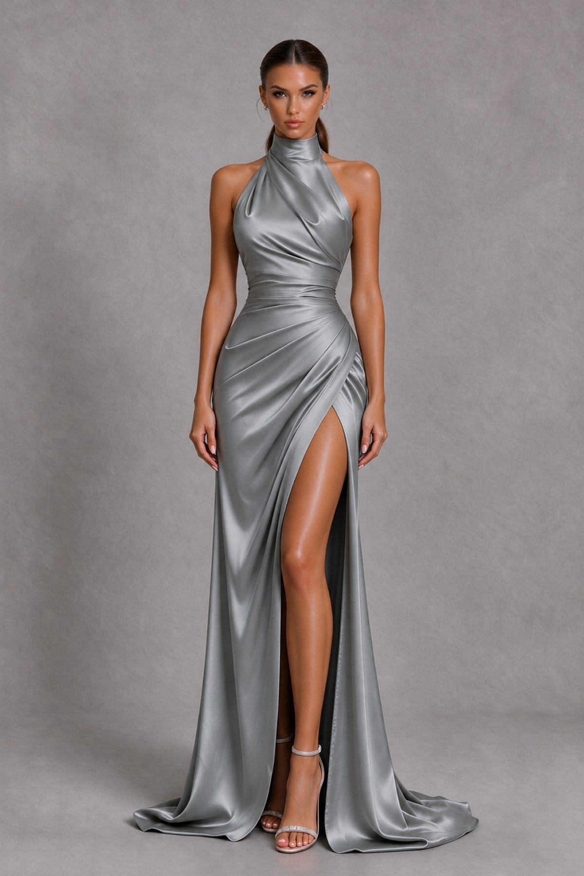 BOLODOO Grey Halter Satin-Look Evening Gown with High Slit - Grey - Grey_3
