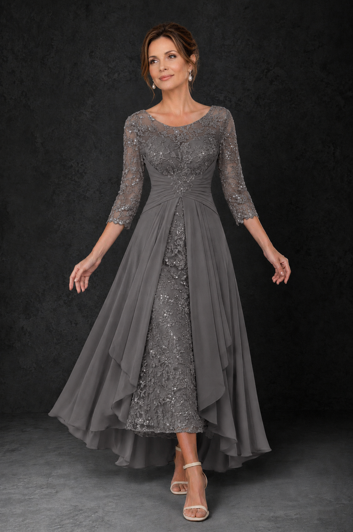 BOLODOO Grey Sequin Lace & Chiffon Tea-Length Mother of the Bride Dress with 3/4 Sleeves - Grey