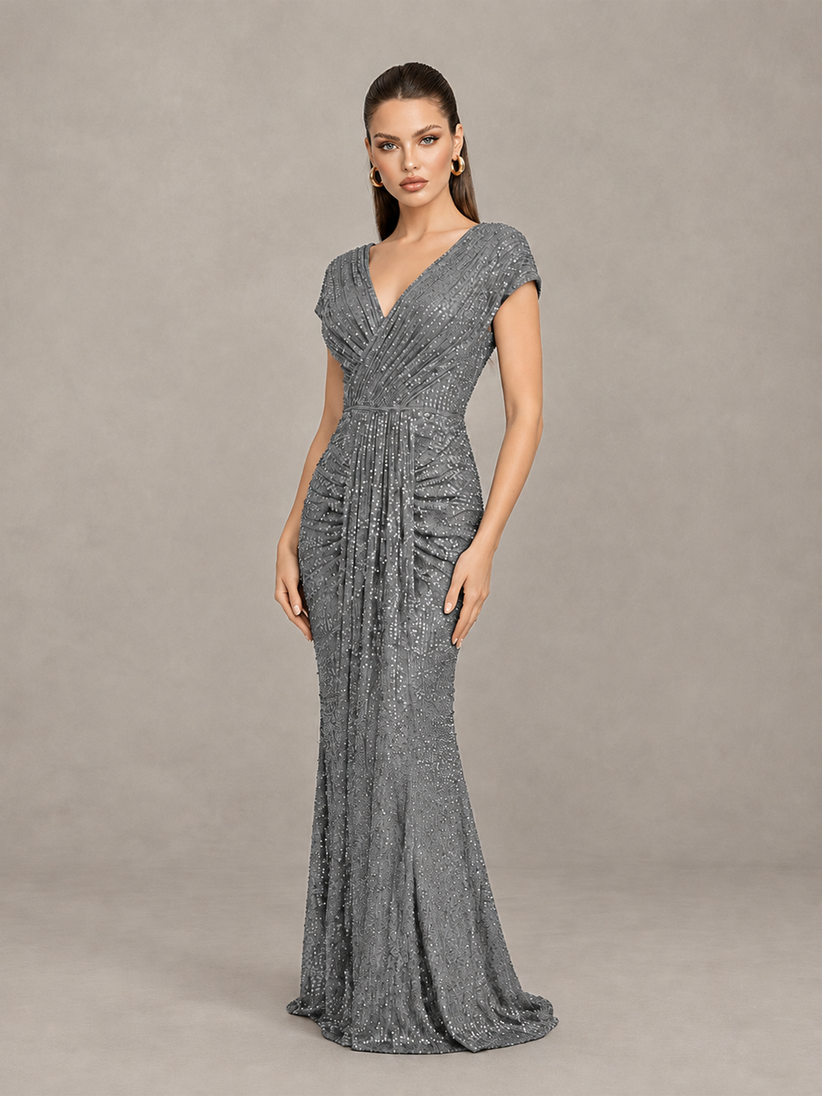 BOLODOO Grey Glitter V-Neck Cap Sleeve Ruched Mermaid Evening Gown - Grey - Grey_3