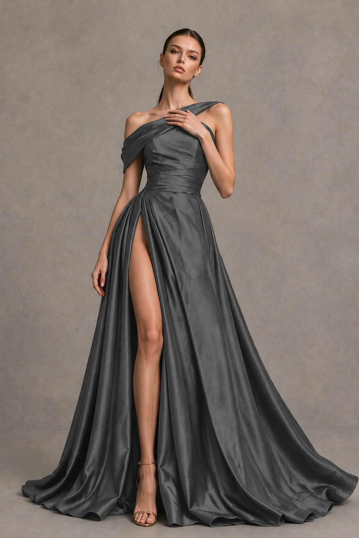BOLODOO Grey Asymmetric Satin-Look A-Line Prom Dress with High Slit - Grey - Grey_3