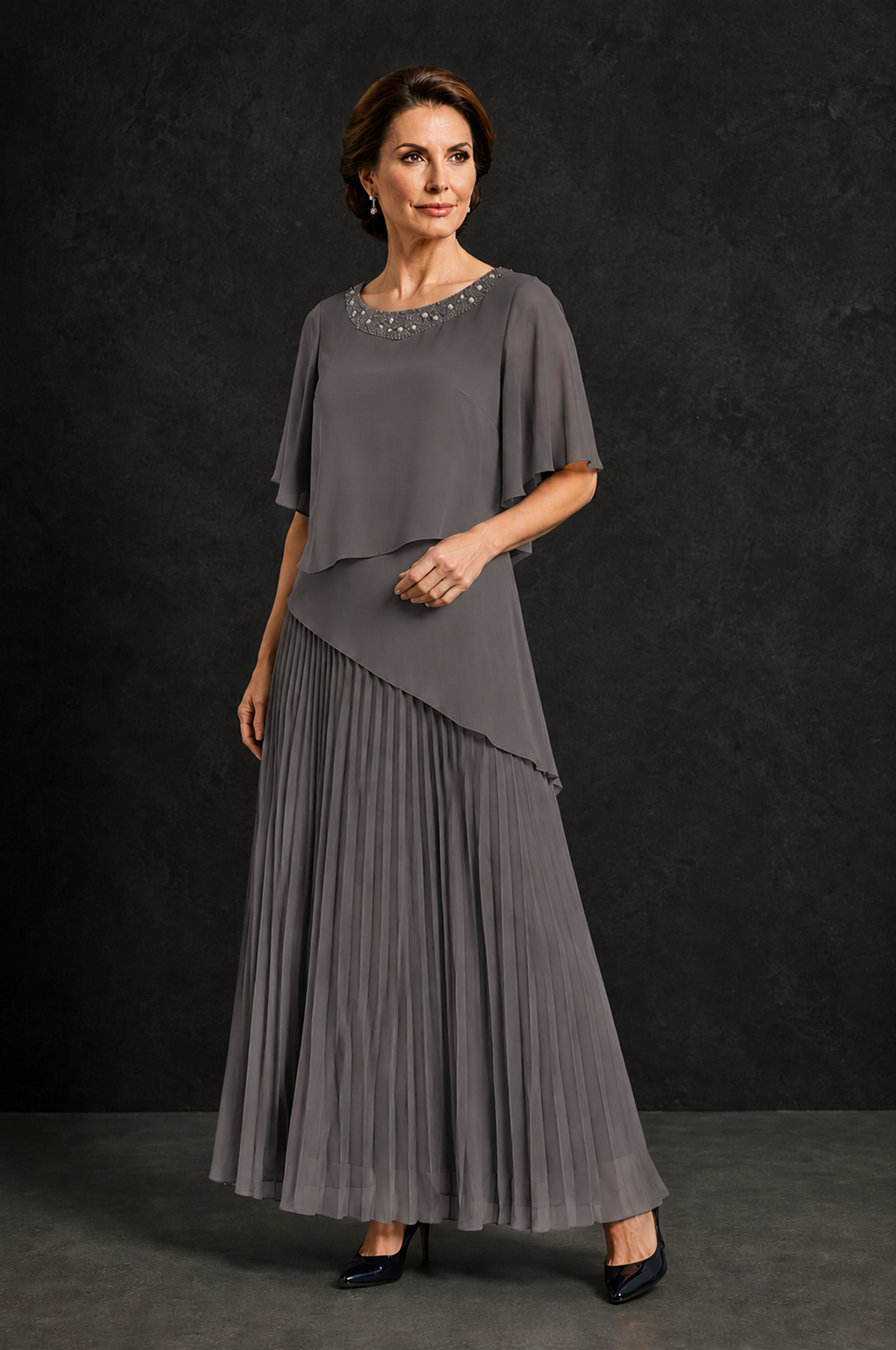 BOLODOO Grey Pearl Beaded Neck Asymmetric Tiered Flutter Sleeve Pleated Chiffon Maxi Dress - Grey - Grey_3