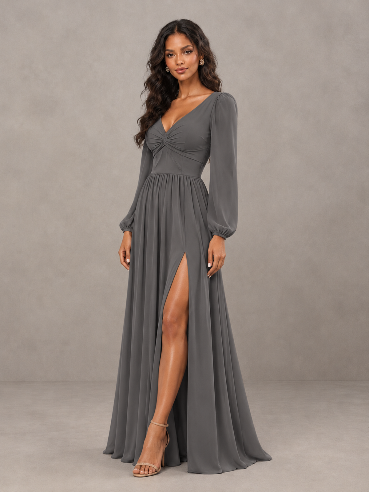 BOLODOO Grey V-Neck Long Sleeve Bridesmaid Dress with Tie Back and Slit - Grey - Grey_3
