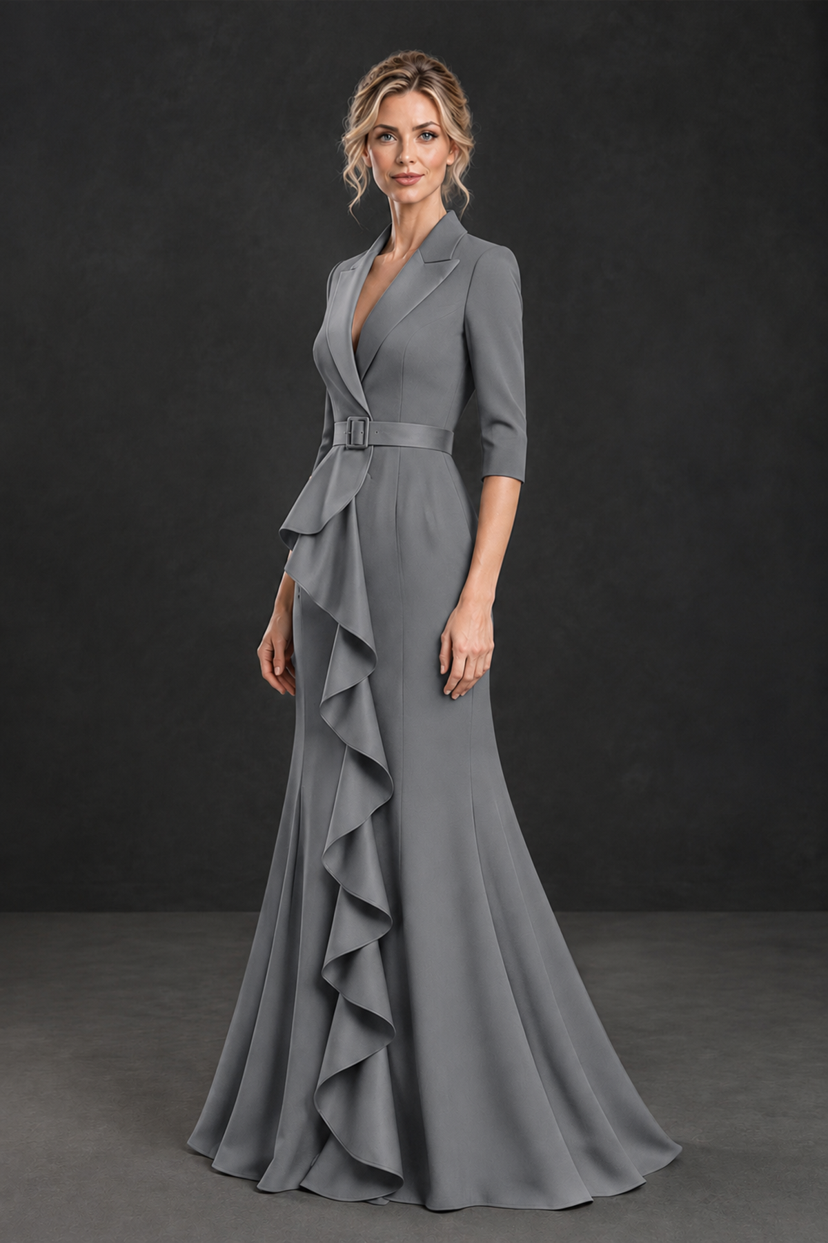 BOLODOO Grey Lapel Ruffle Mother of the Bride Dress with Belt - Grey - Grey_3