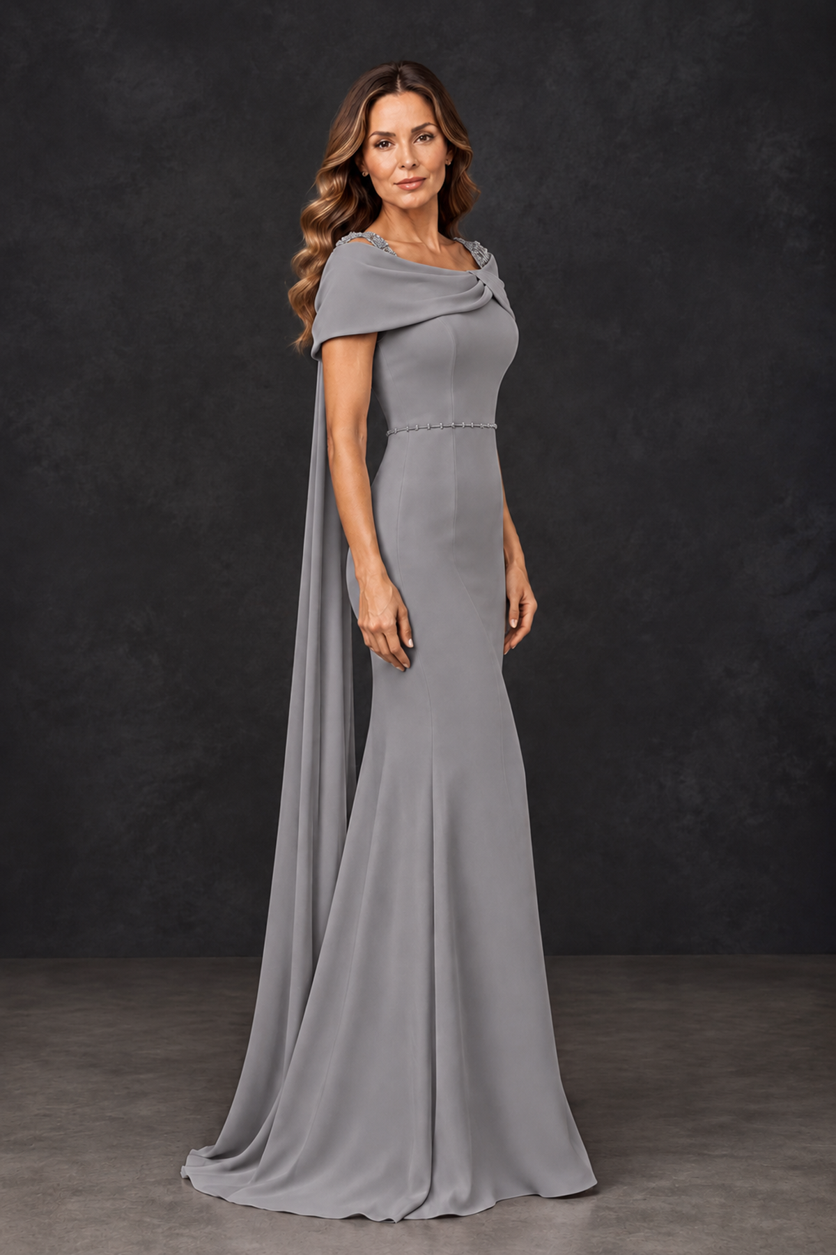 BOLODOO Grey Mother of the Bride Dress with Draped Cape Detail - Grey - Grey_3