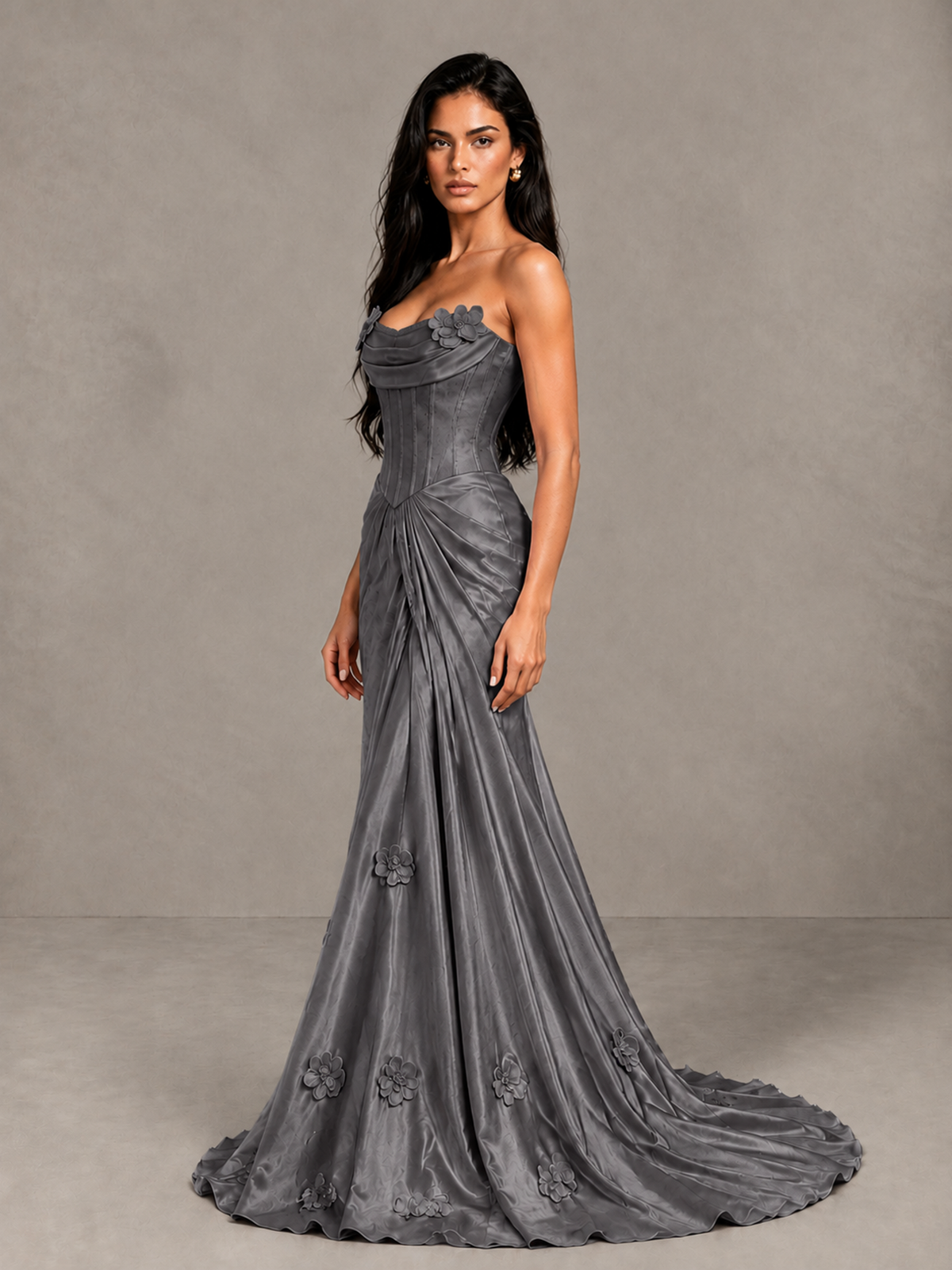 BOLODOO Grey Strapless Floral Corset Evening Gown with Train - Grey - Grey_3