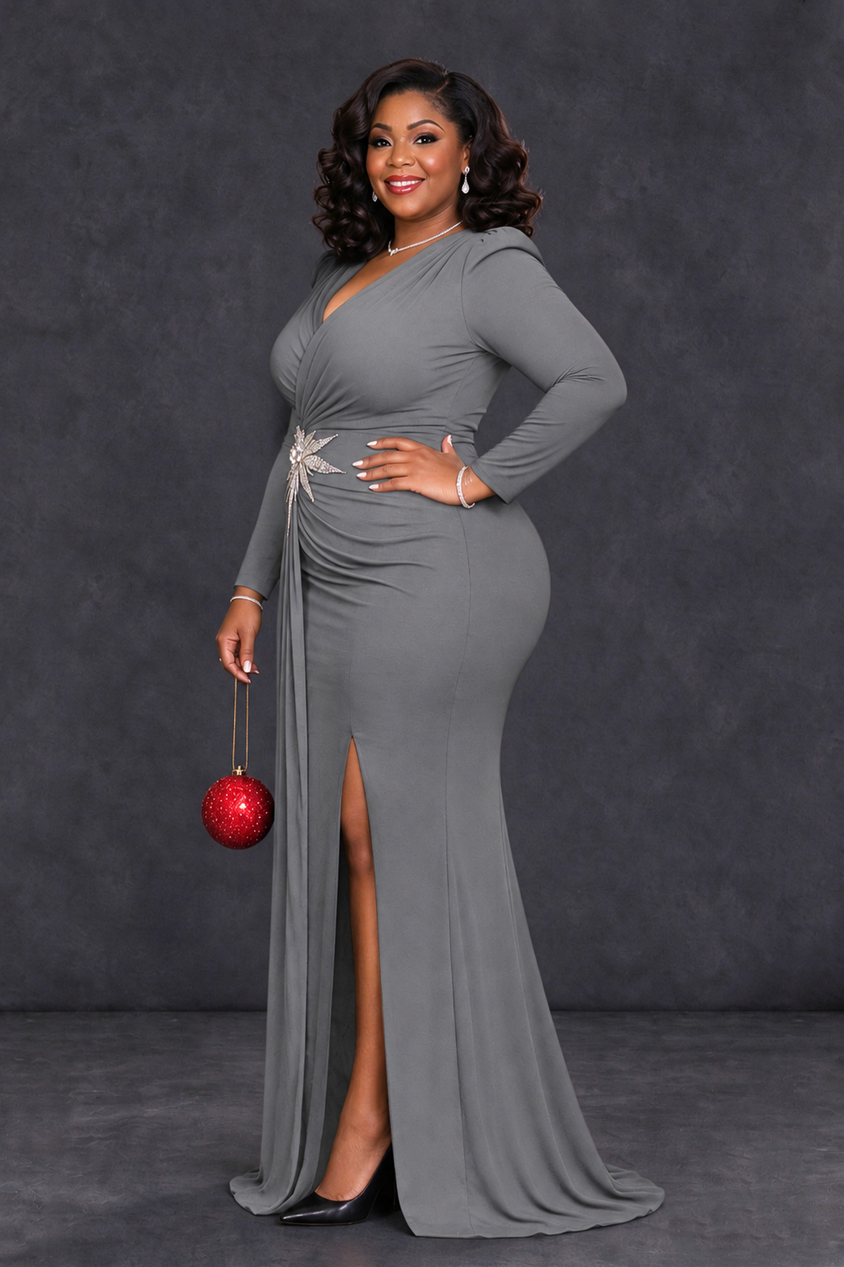 BOLODOO Grey Plus Size Long Sleeve V-Neck Mother of the Bride Dress with Slit - Grey - Grey_3