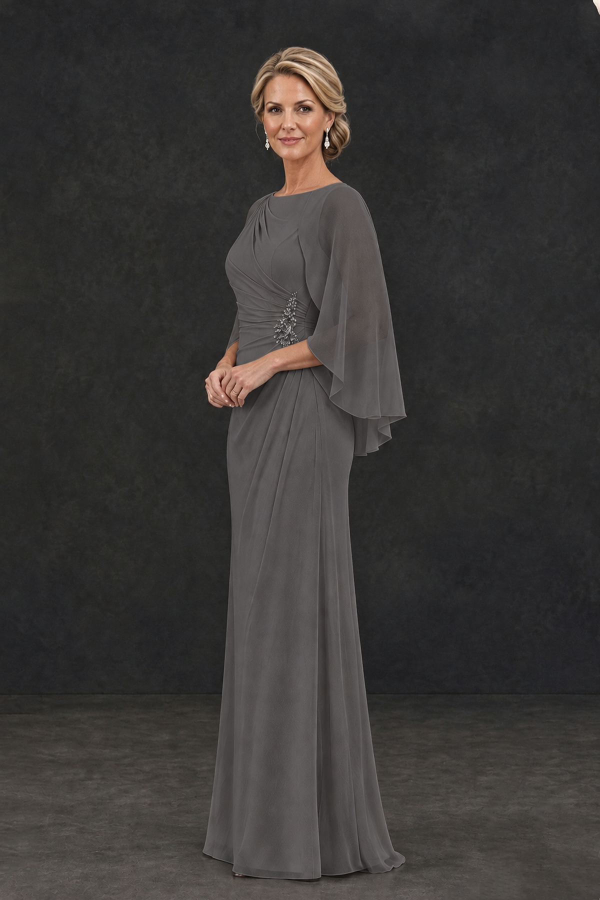 BOLODOO Grey Cape Sleeve Mother of the Bride Dress with Ruched Waist - Grey - Grey_3