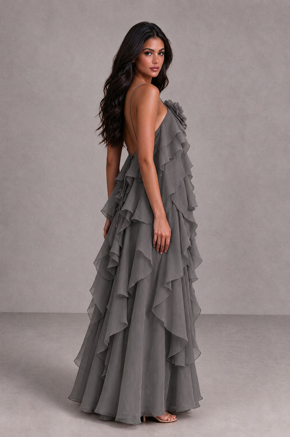 BOLODOO Grey Cascading Ruffle Rosette Open-Back Maxi Dress - Grey - Grey_3