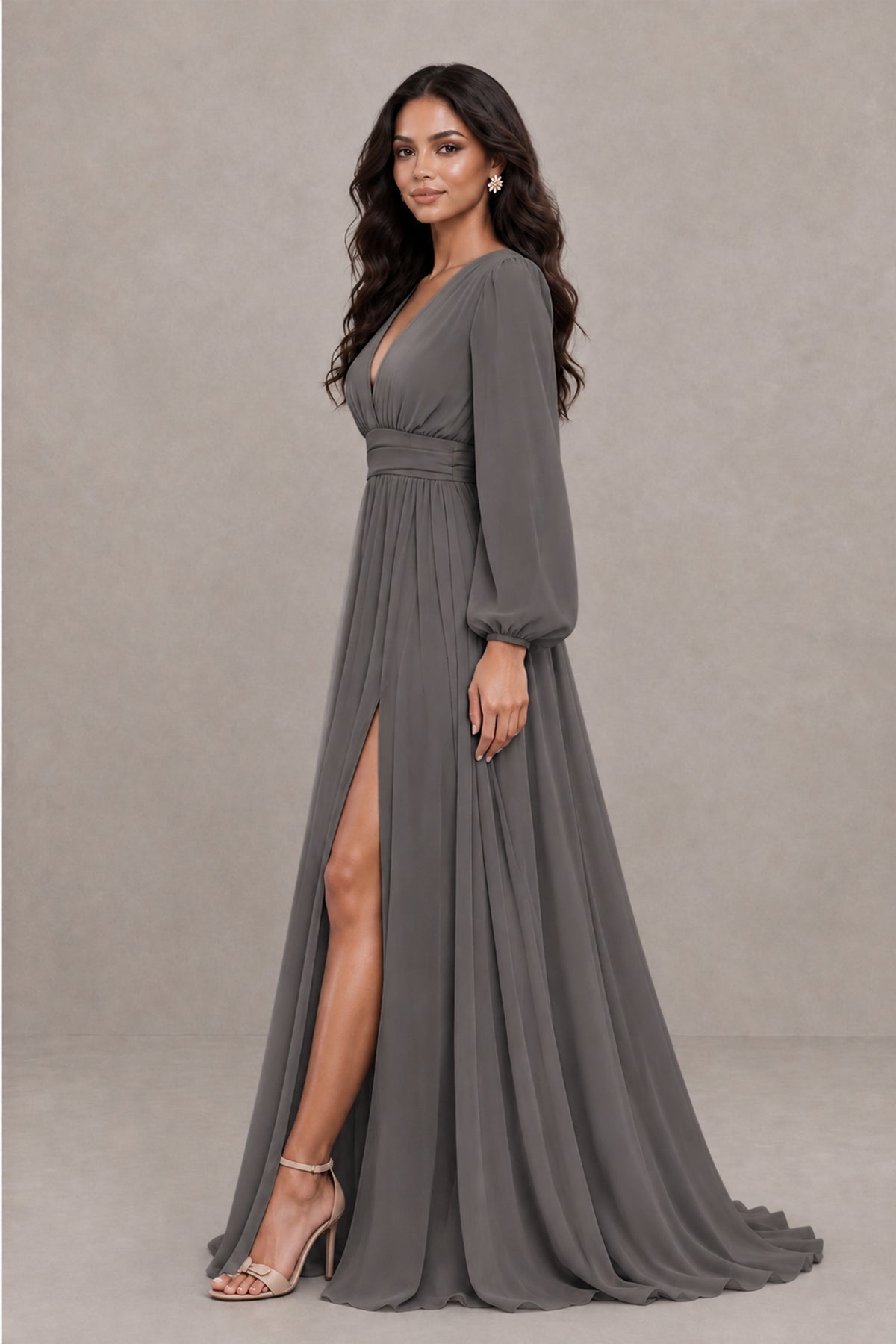 BOLODOO Grey Long Sleeve V-Neck A-Line Gown with Open Back & Slit - Grey - Grey_3