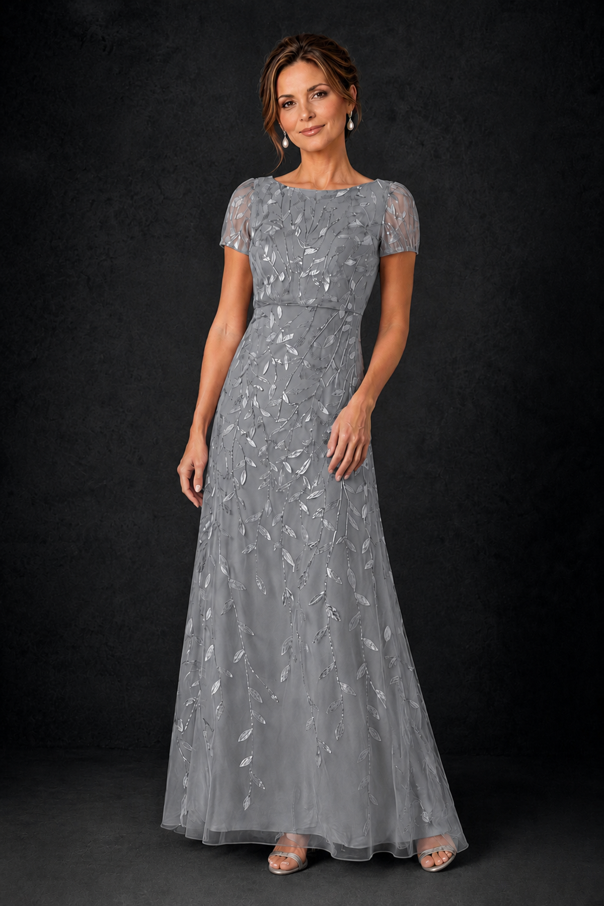 BOLODOO Grey Leaf Embroidered A-Line Formal Gown with Cap Sleeves - Grey - Grey_3