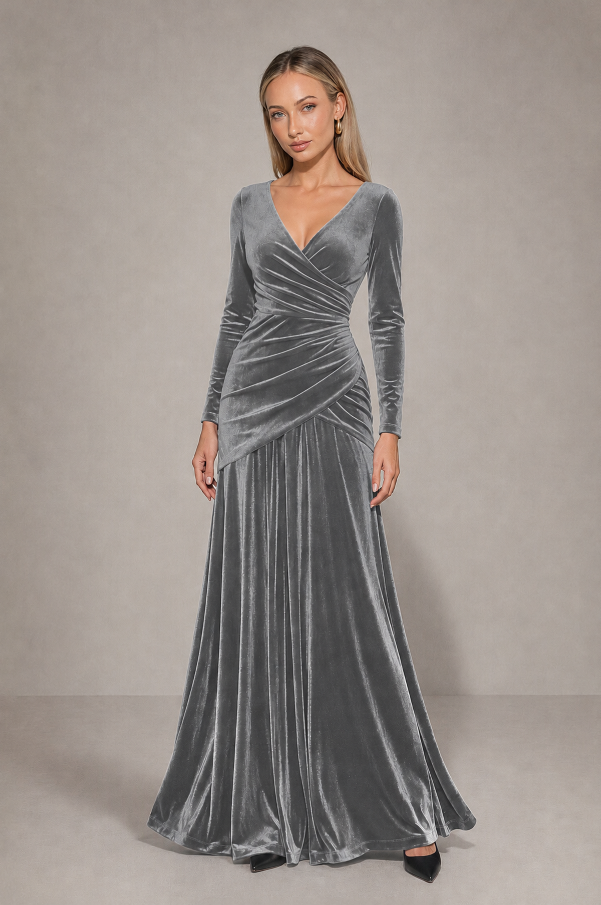 BOLODOO Grey Velvet Long Sleeve V-Neck Ruched Evening Dress - Grey - Grey_3