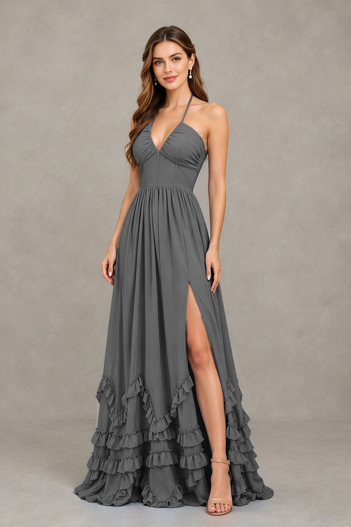 BOLODOO Grey Halter Ruffle Hem A-Line Bridesmaid Dress with High Slit - Grey - Grey(3)