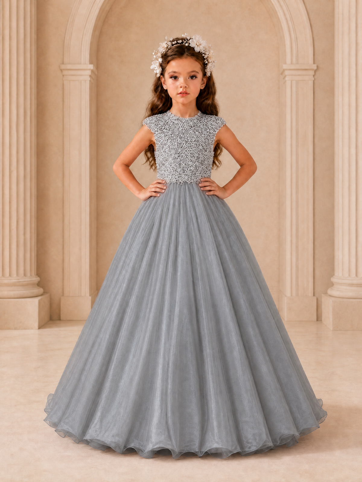 BOLODOO Grey Sequin Tulle Flower Girl Dress with Cap Sleeves - Grey - Grey_3