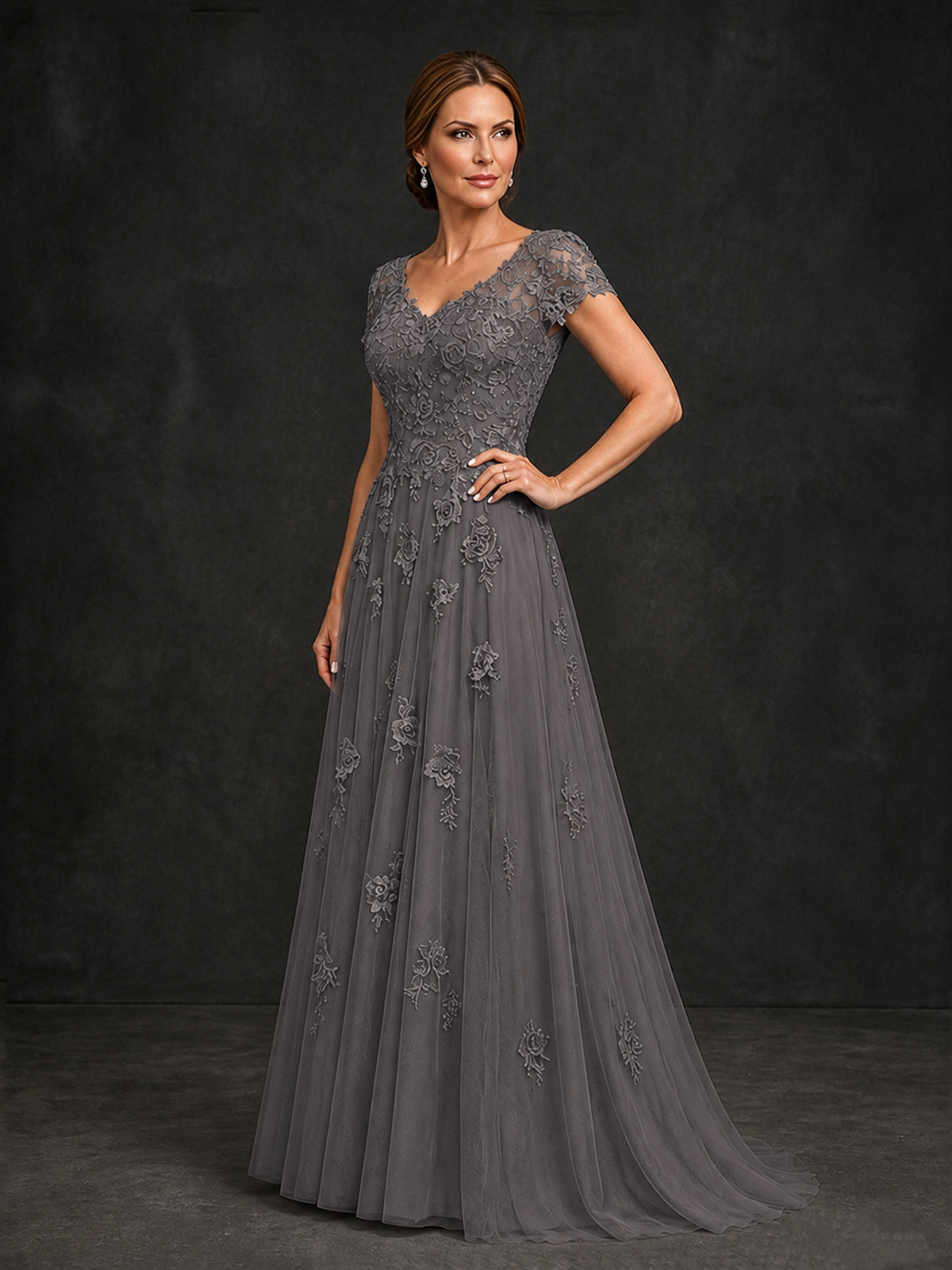 BOLODOO Grey Cap Sleeve Lace Appliqué A-Line Formal Gown | Mother of the Bride Dress - Grey - Grey_3