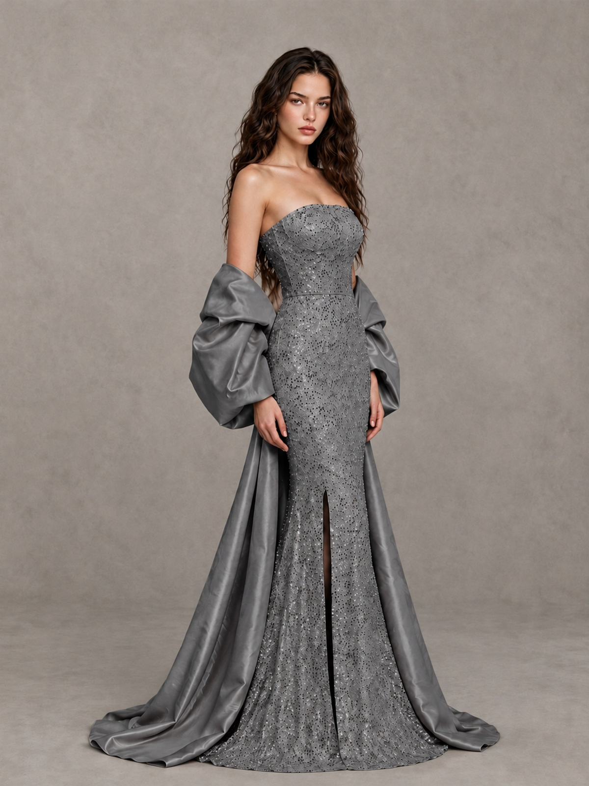BOLODOO Grey Strapless Sparkle Mermaid Prom Dress with Front Slit and Draped Sleeves - Grey - Grey_3