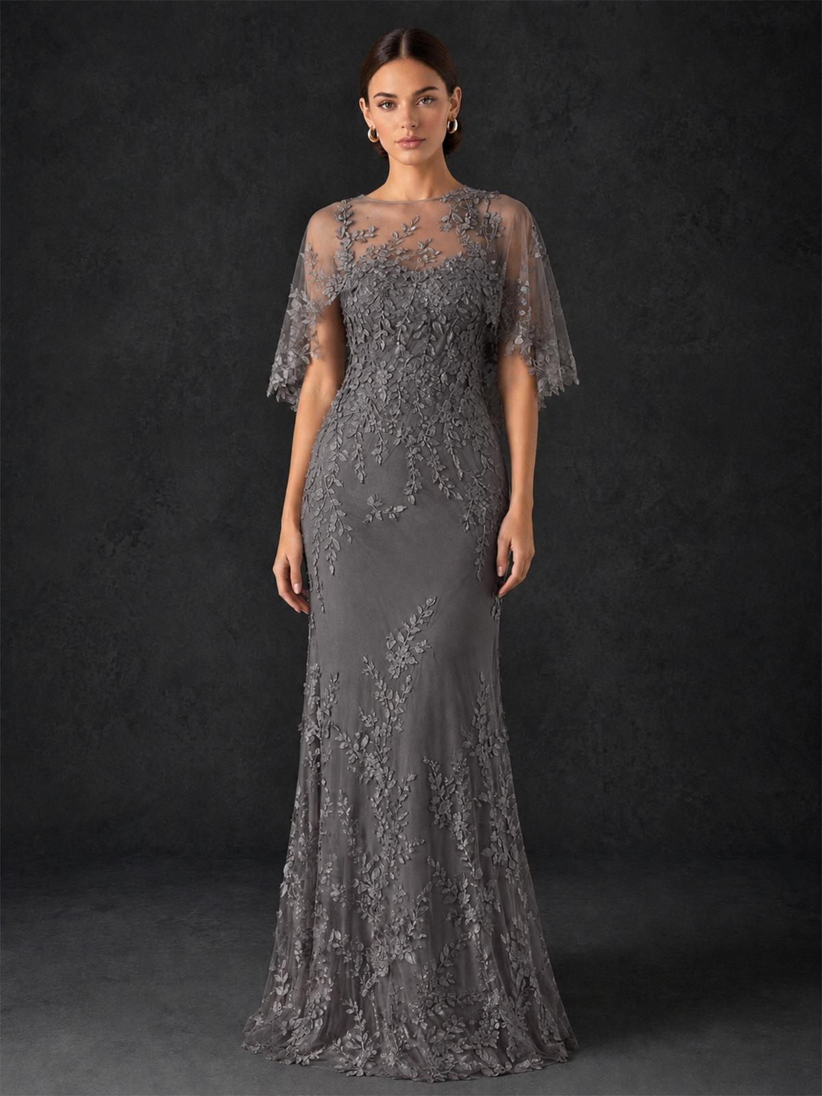 BOLODOO Mocha Grey Botanical Lace Flutter Sleeve Mermaid Gown - Grey