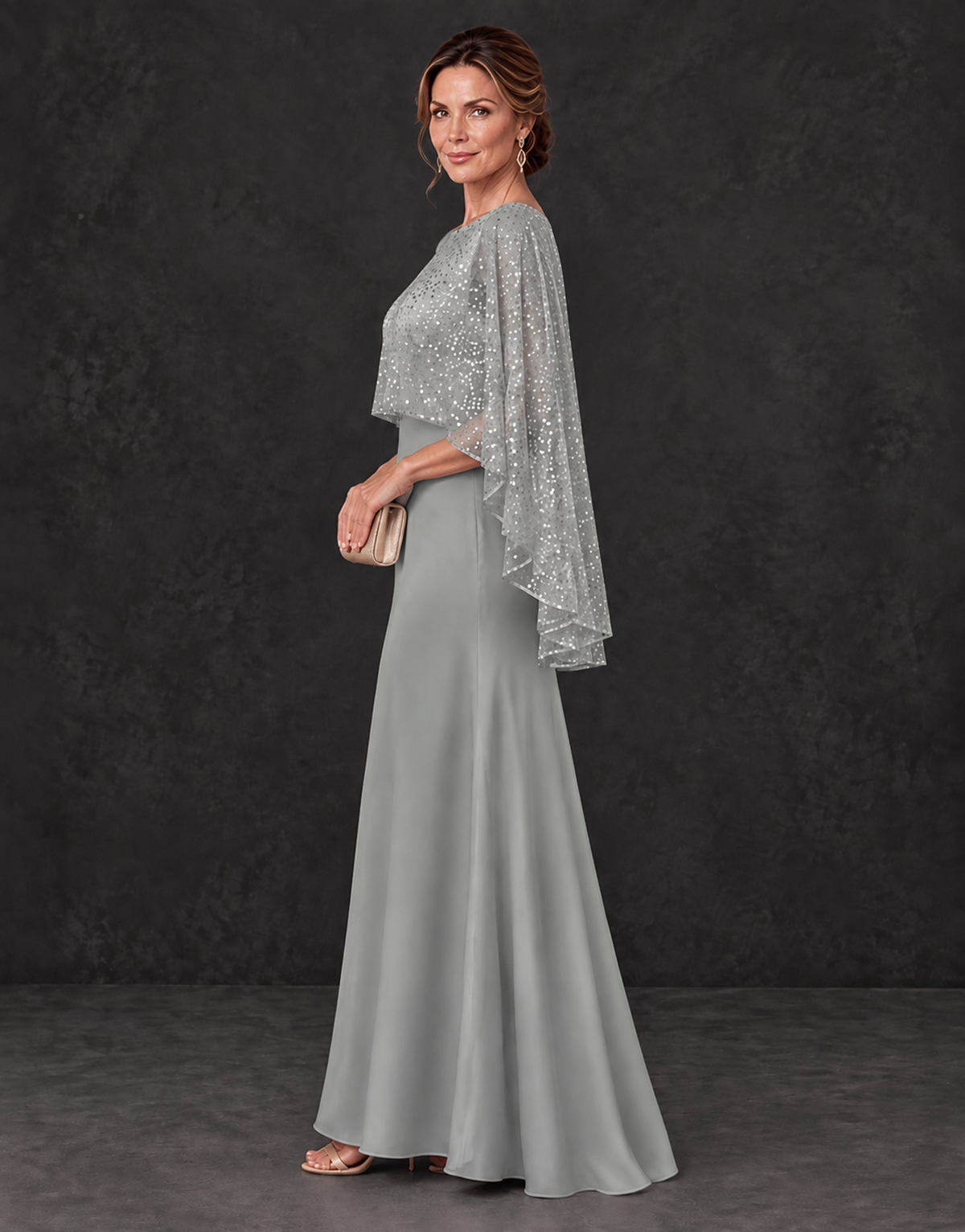 BOLODOO Grey Sparkle Cape Sleeve Mother of the Bride Dress - Grey - Grey_3