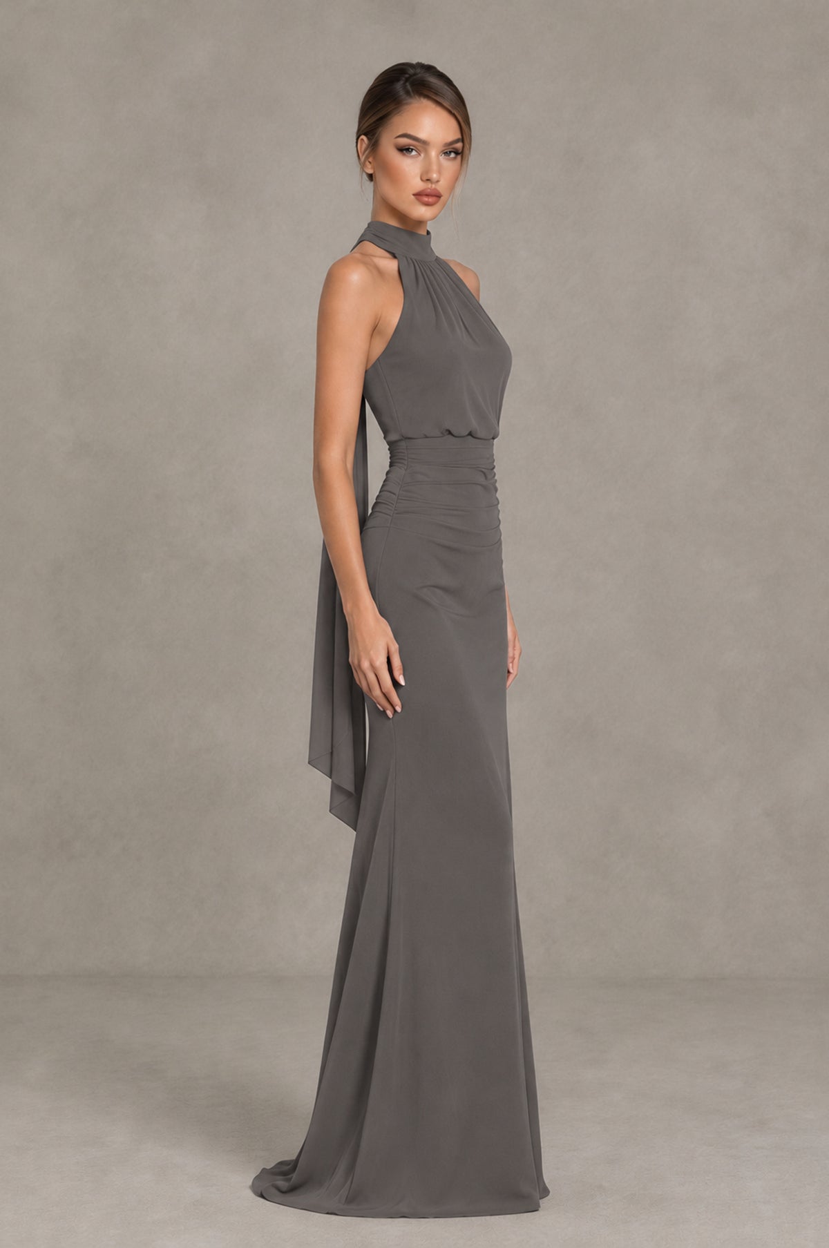 BOLODOO Grey Chiffon Halter Maxi Formal Wedding Guest Dress - Grey - Grey_3