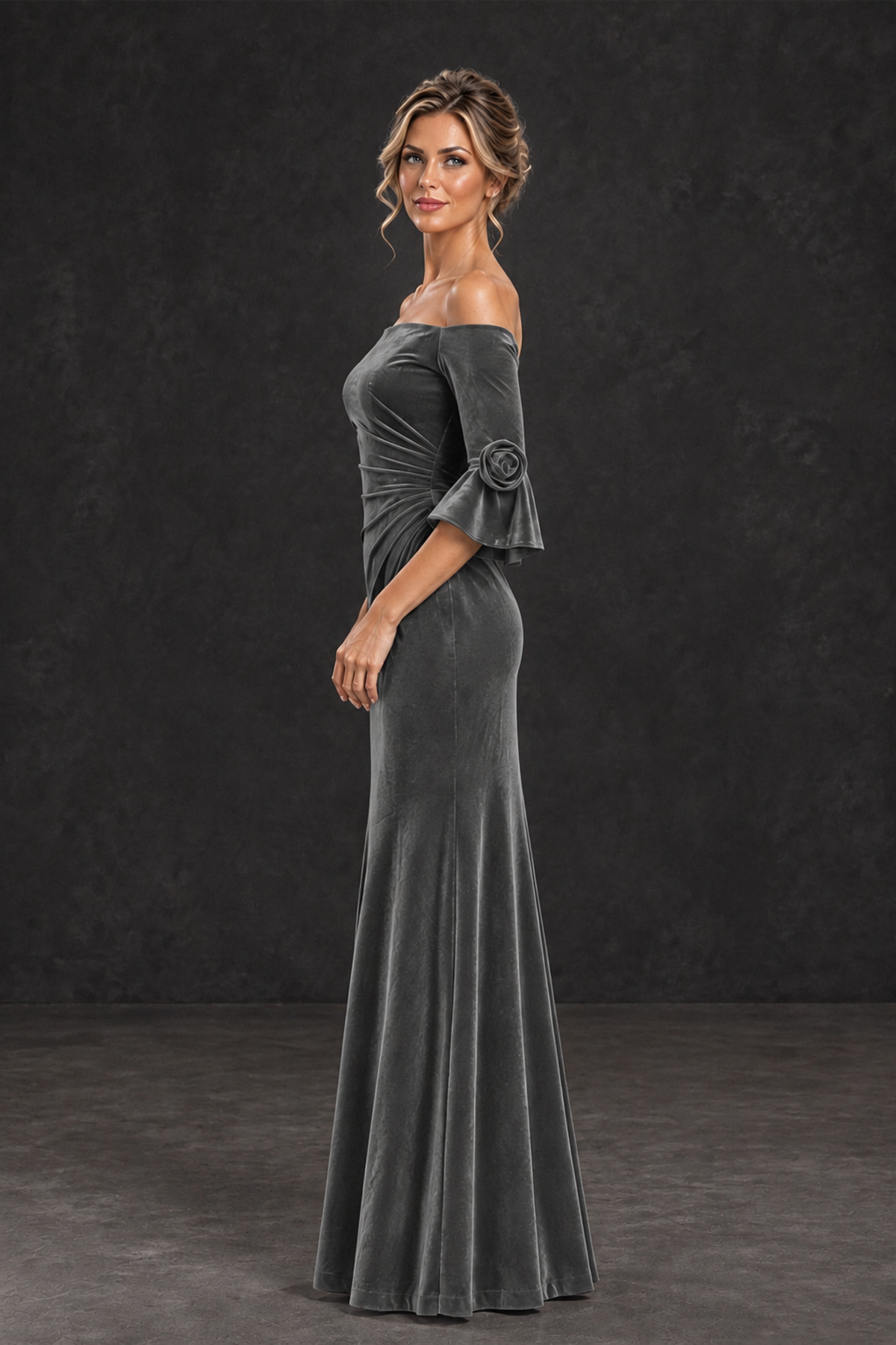 BOLODOO Grey Velvet Off-Shoulder Mother of the Bride Dress – 3/4 Floral Cuff Sleeve Mermaid Evening Gown - Grey - Grey_3