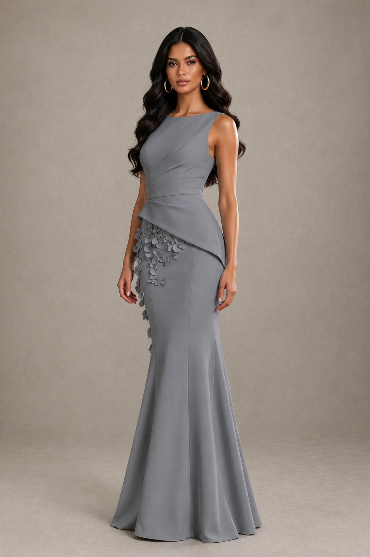 BOLODOO Grey Bateau Neck Sleeveless Asymmetric Peplum 3D Petal Appliqué Mermaid Gown BD0421 - Grey - Grey_3