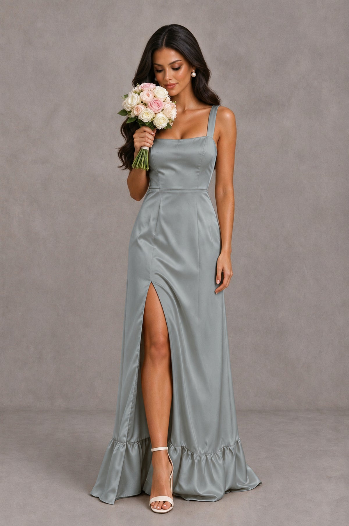 BOLODOO Grey Square Neck Satin Evening Dress with Lace-Up Back and High Slit - Grey - Grey_3