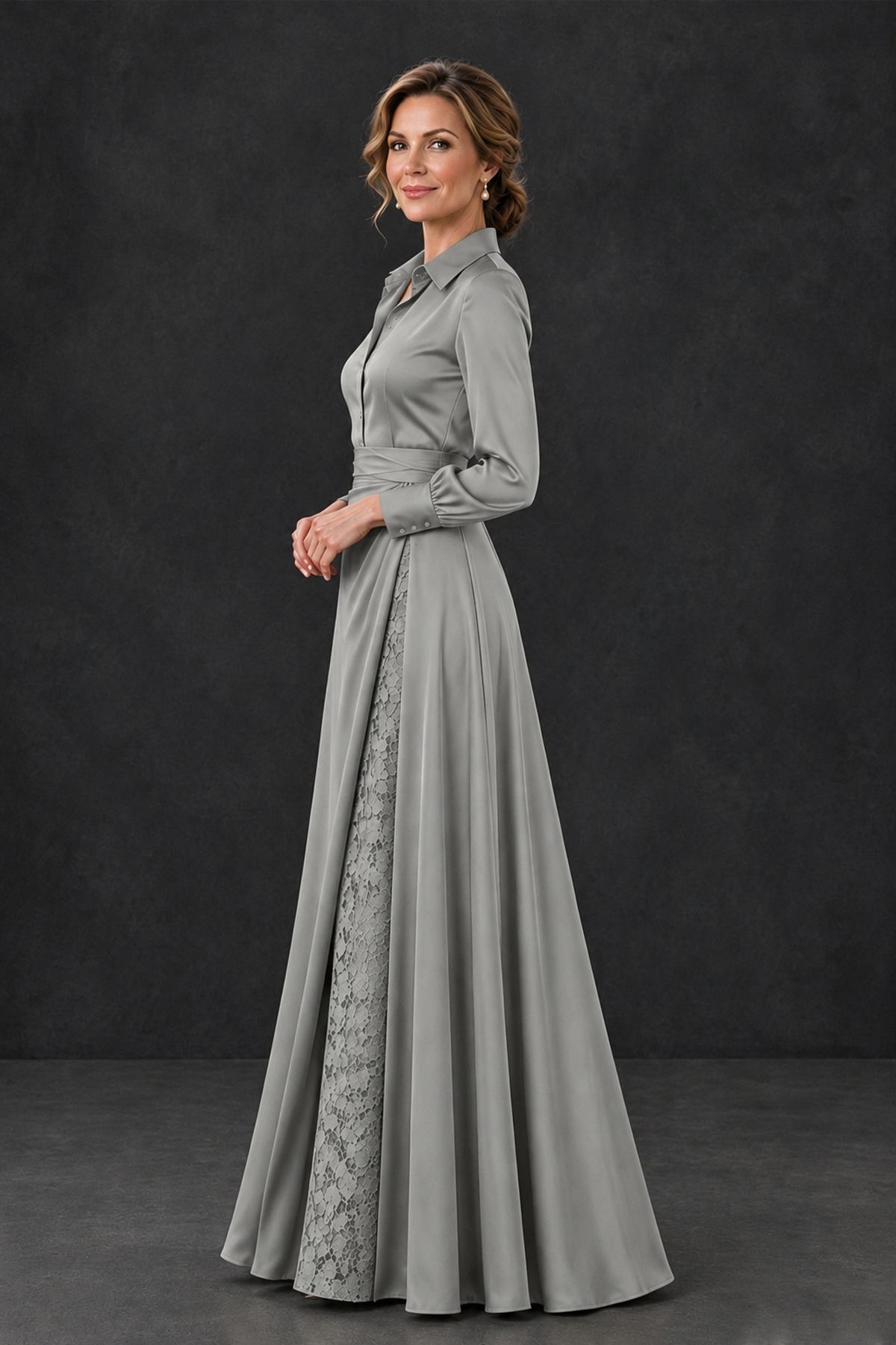 BOLODOO Grey Long Sleeve Satin-Look Lace Panel Gown - Grey - Grey_3