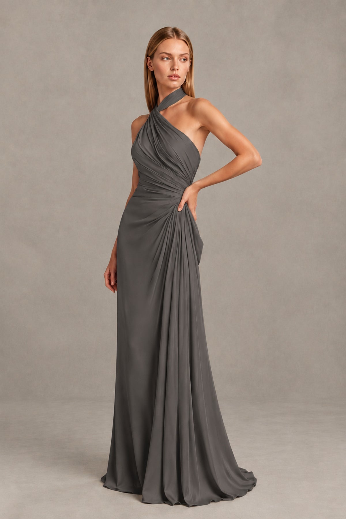 BOLODOO Grey Twisted Halter Neck Ruched Sleeveless Open Back Floor-Length Gown - Grey - Grey_3