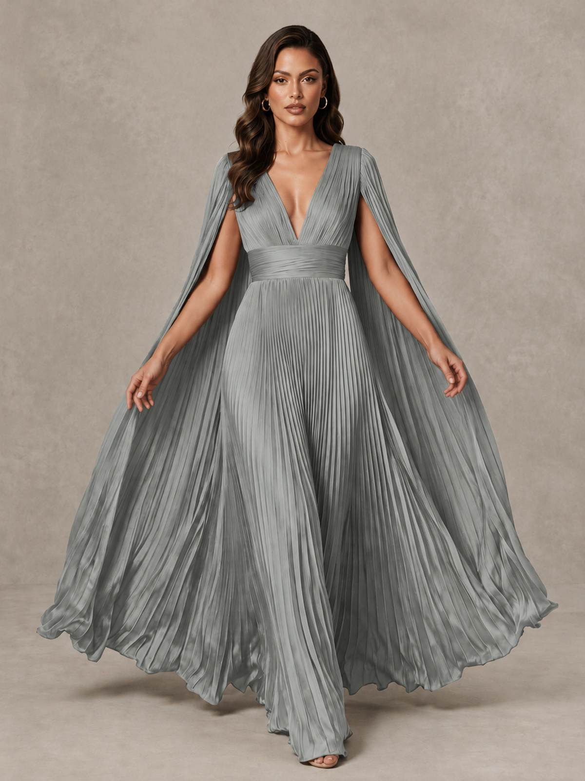 BOLODOO Grey Deep V-Neck Pleated Cape Sleeve Evening Gown - Grey - Grey_3